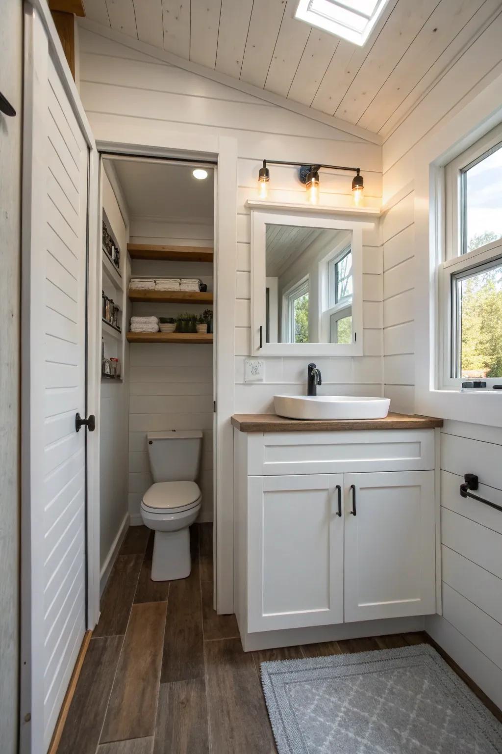 Integrated storage keeps everything tidy in this small bathroom.