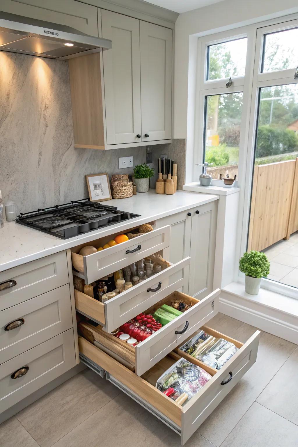 Concealed storage maintains a small kitchen’s organization and spaciousness.