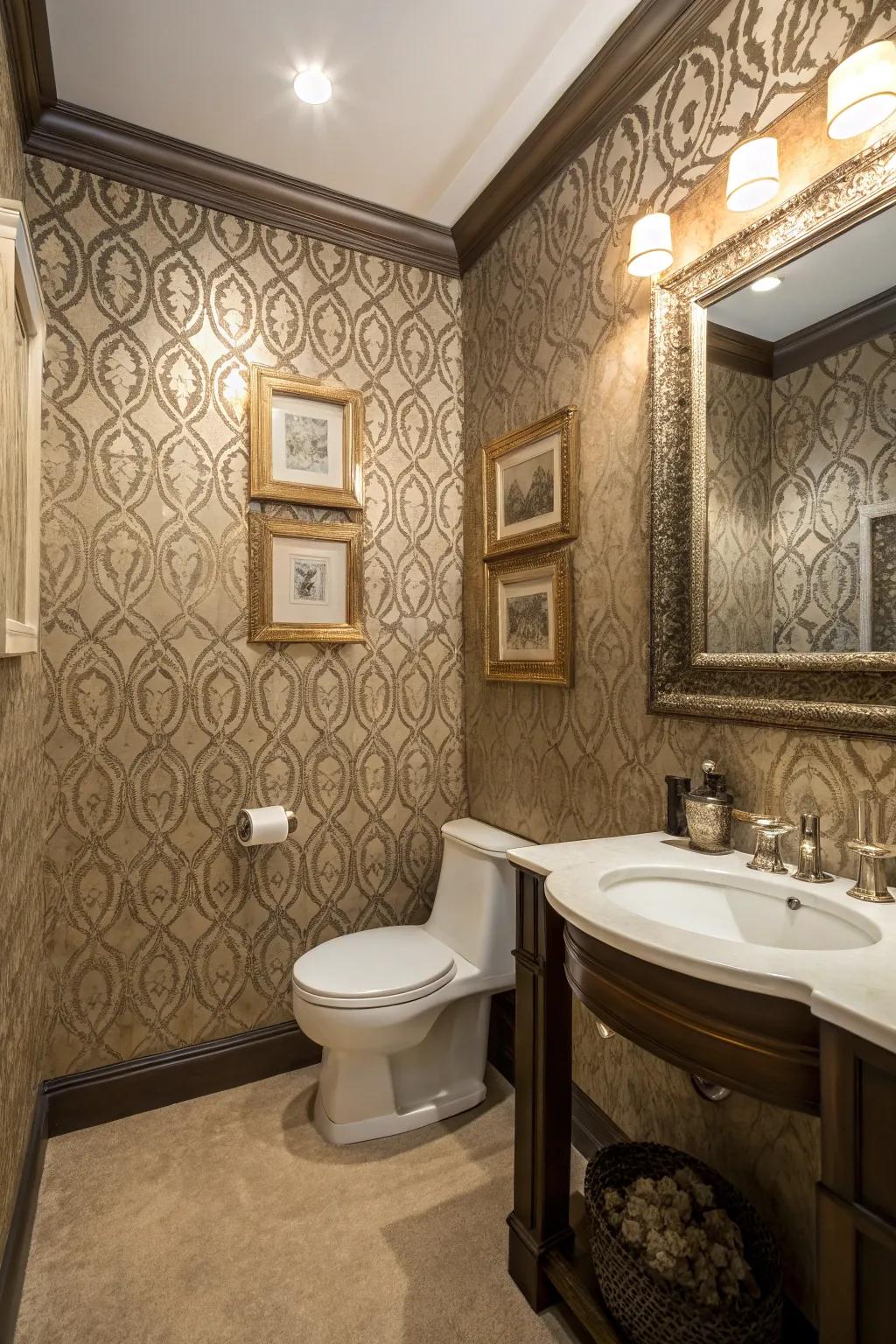 Patterned walls lending depth to a washroom layout.