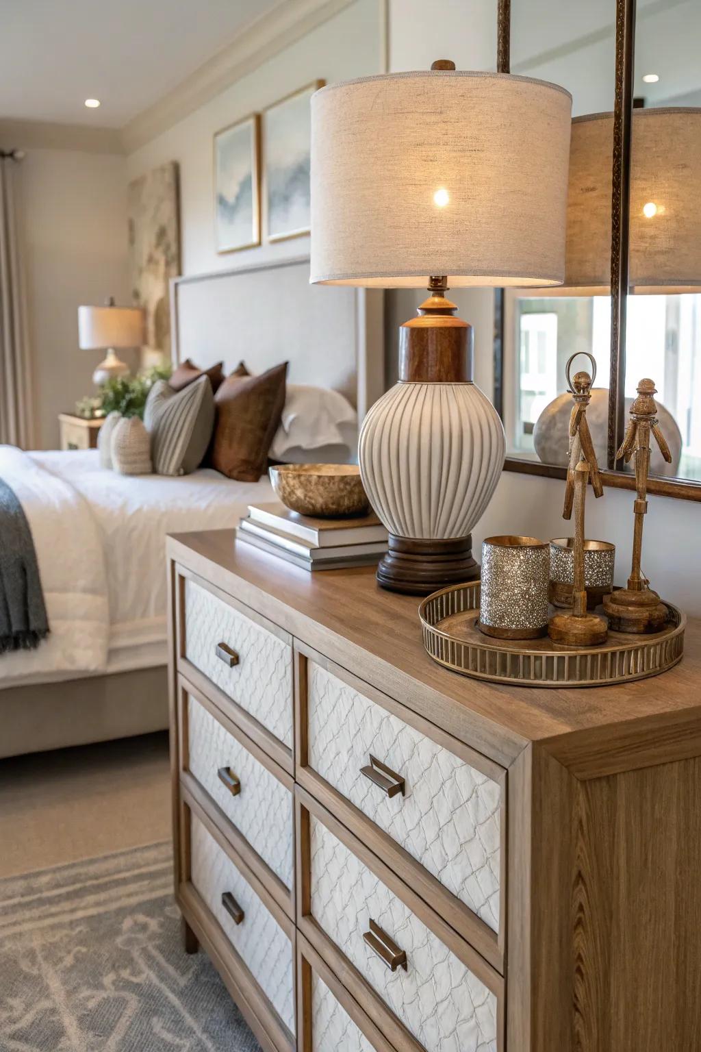 Combining textures enriches the visual appeal of a dresser layout.