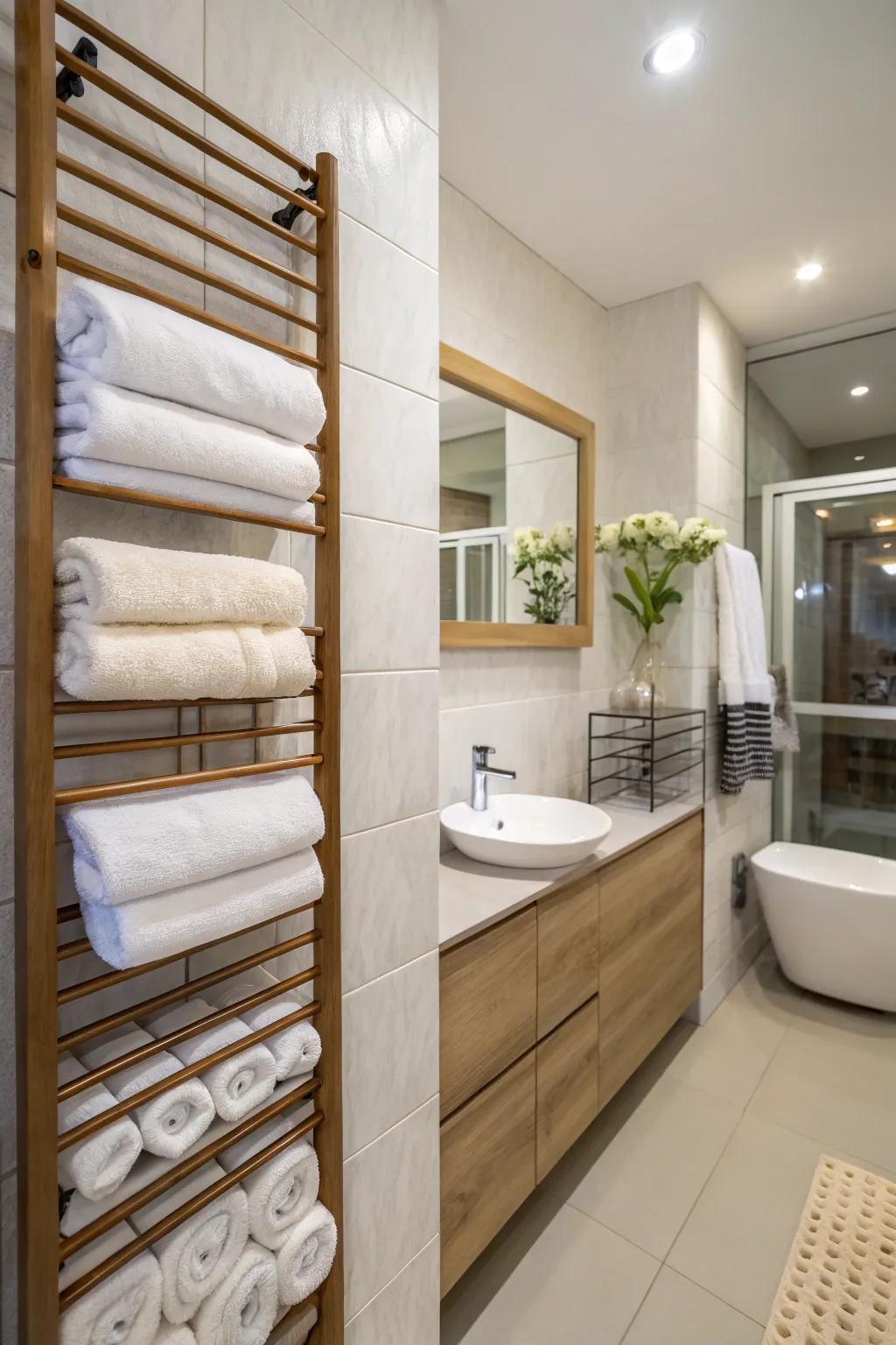 Wall-mounted units offer towel storage that’s both compact and effective.