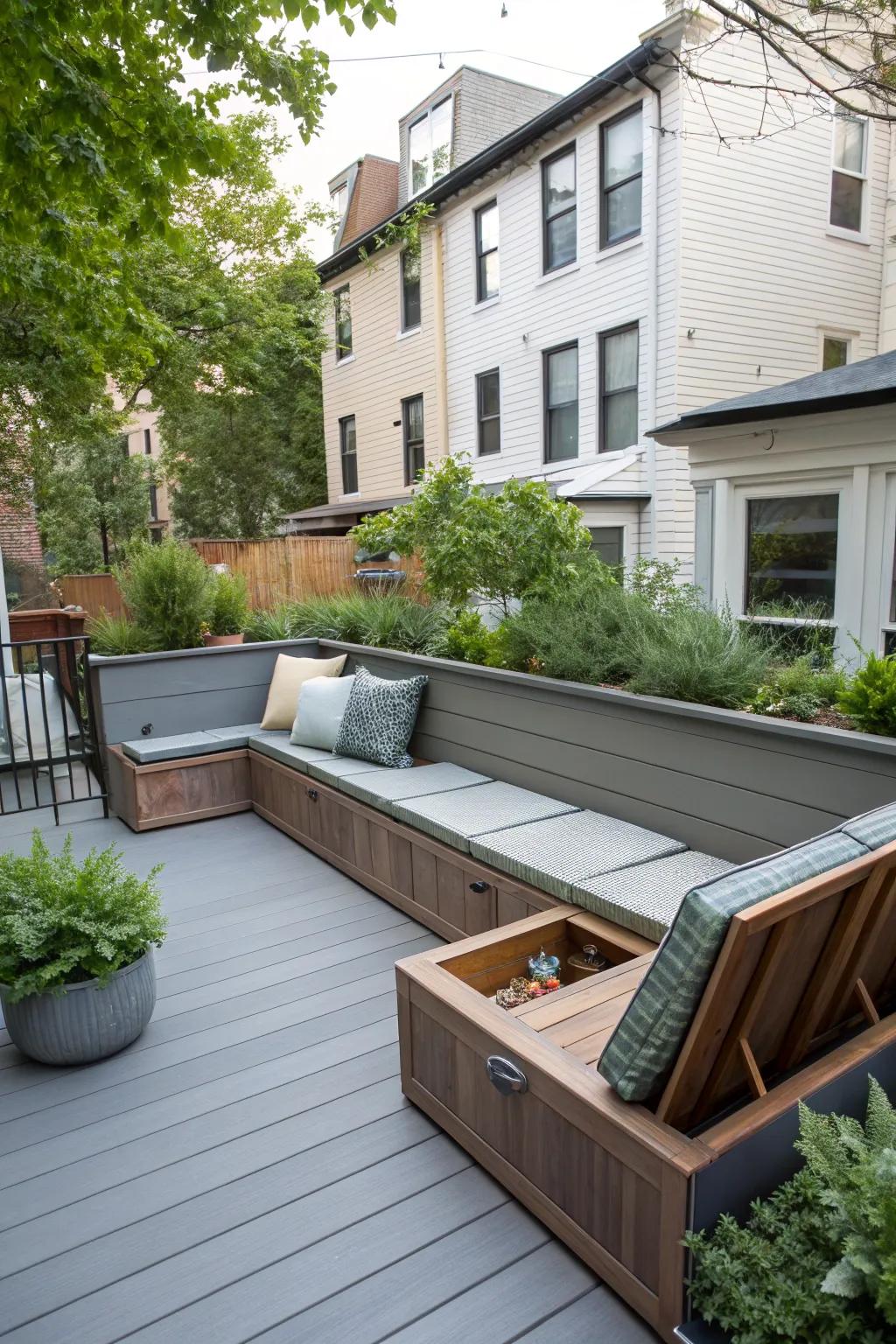 Merge seating with storage to optimize deck space successfully.