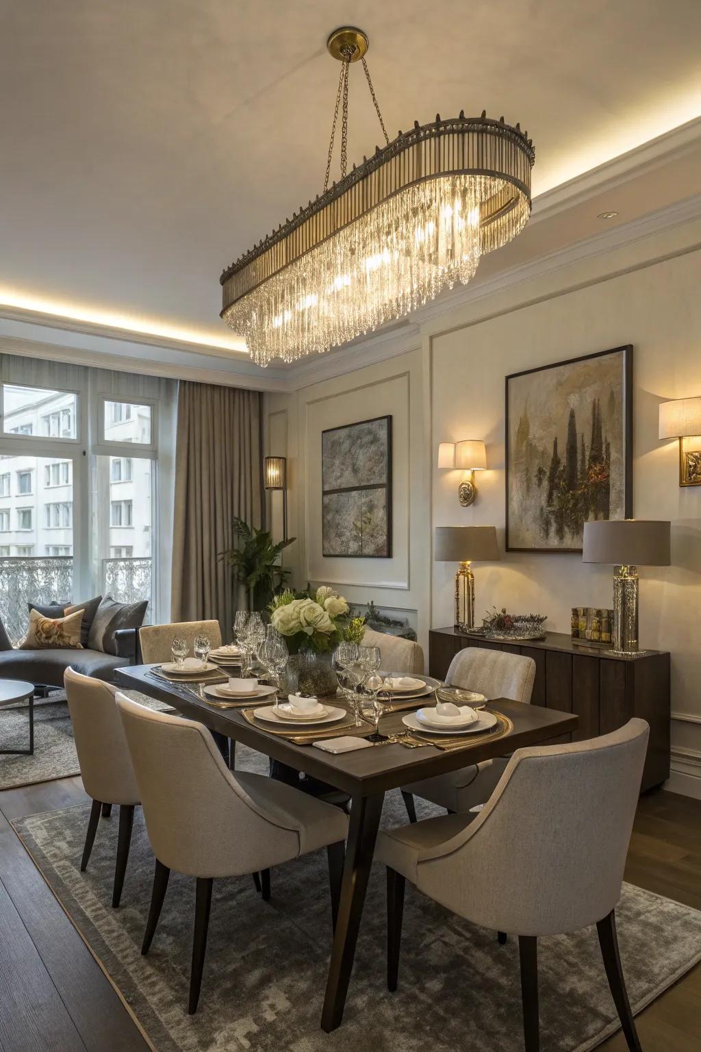 Dining space illuminated by a contemporary chandelier