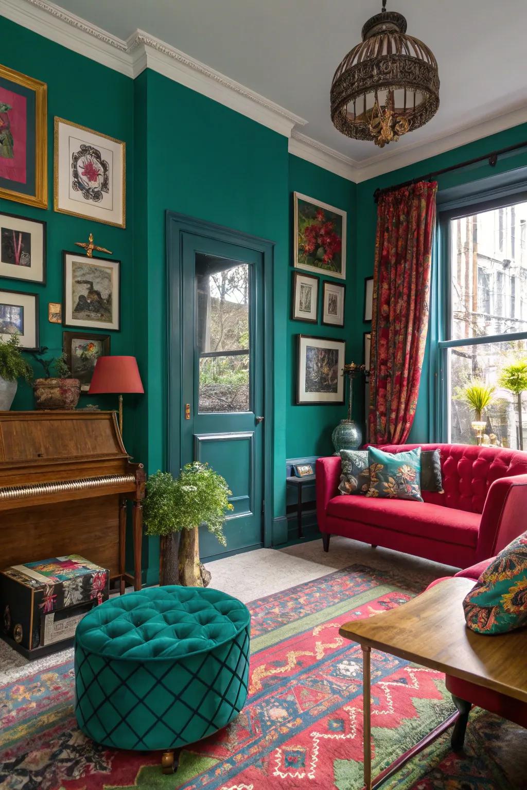 A townhouse interior featuring dynamic gem tones for an energetic atmosphere.