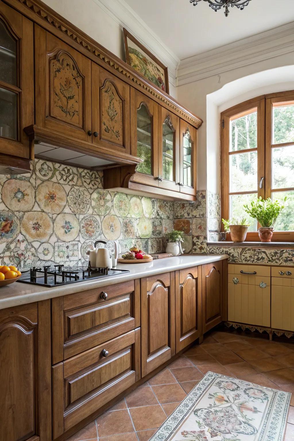 A decorative panel adds texture and interest to the kitchen.