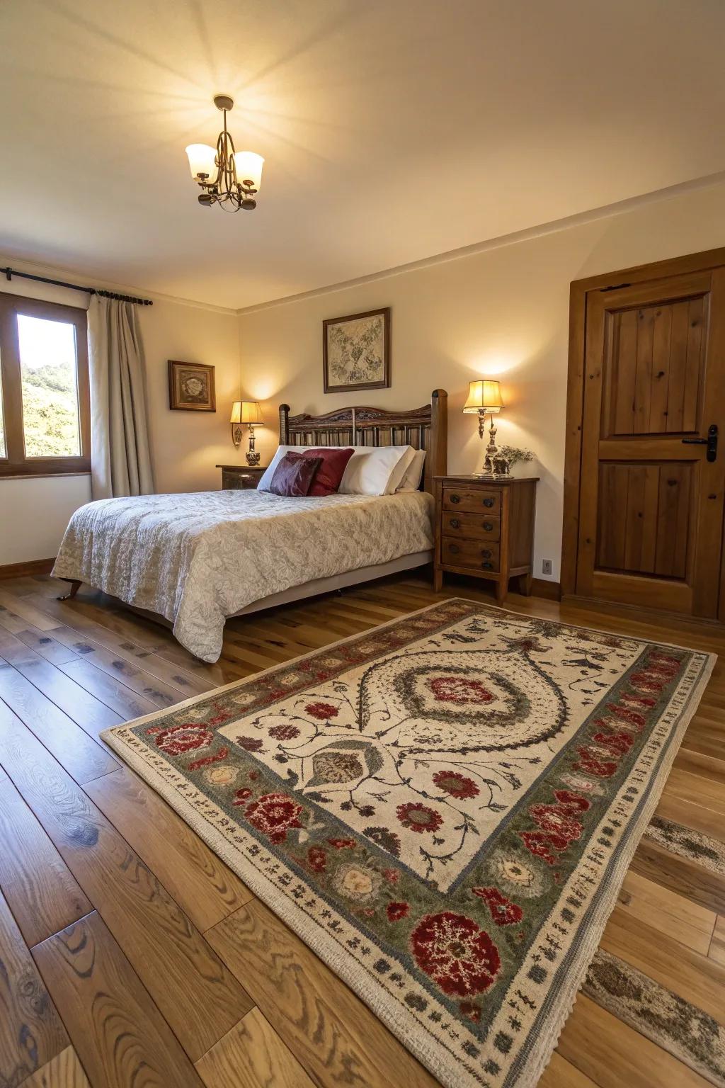 Decorative rugs introduce warmth and sophistication to wood floors.