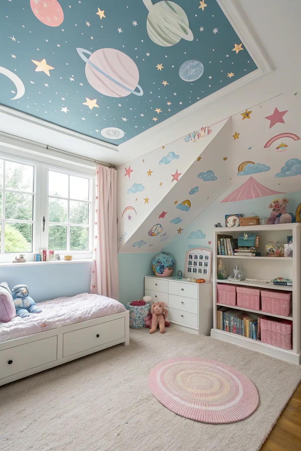 A child’s bedroom showcasing a sky-themed artwork on the tray ceiling.
