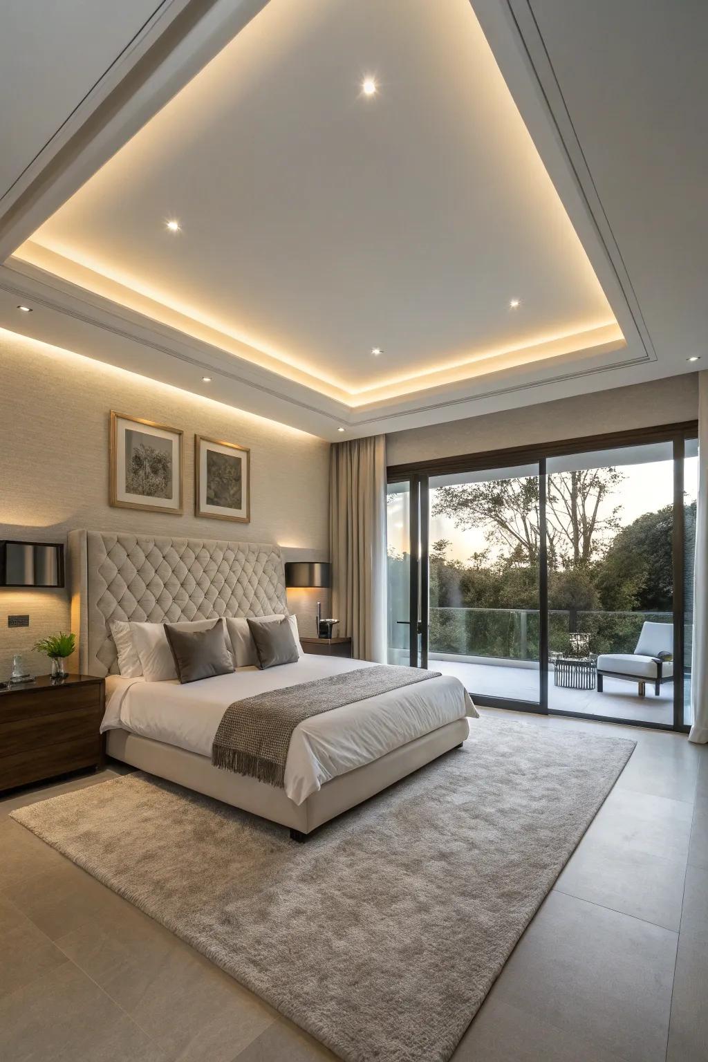 A modern bedroom features smart lighting integrated into the tray ceiling.