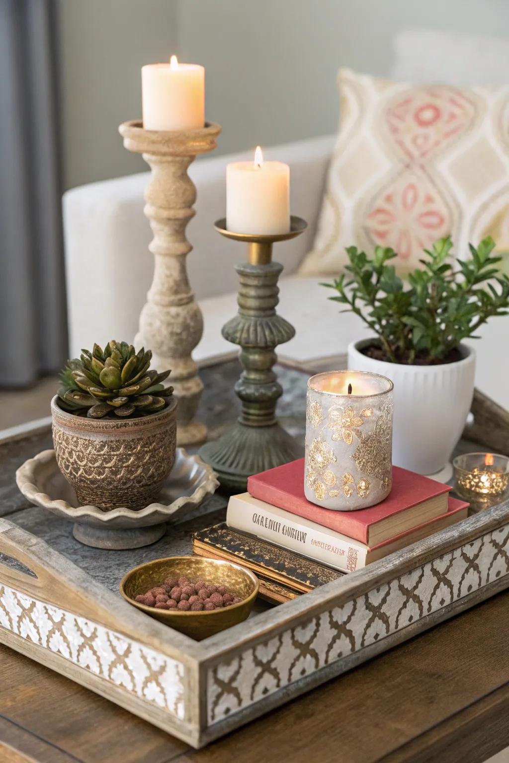 Create visual interest by varying the heights of items on your tray.