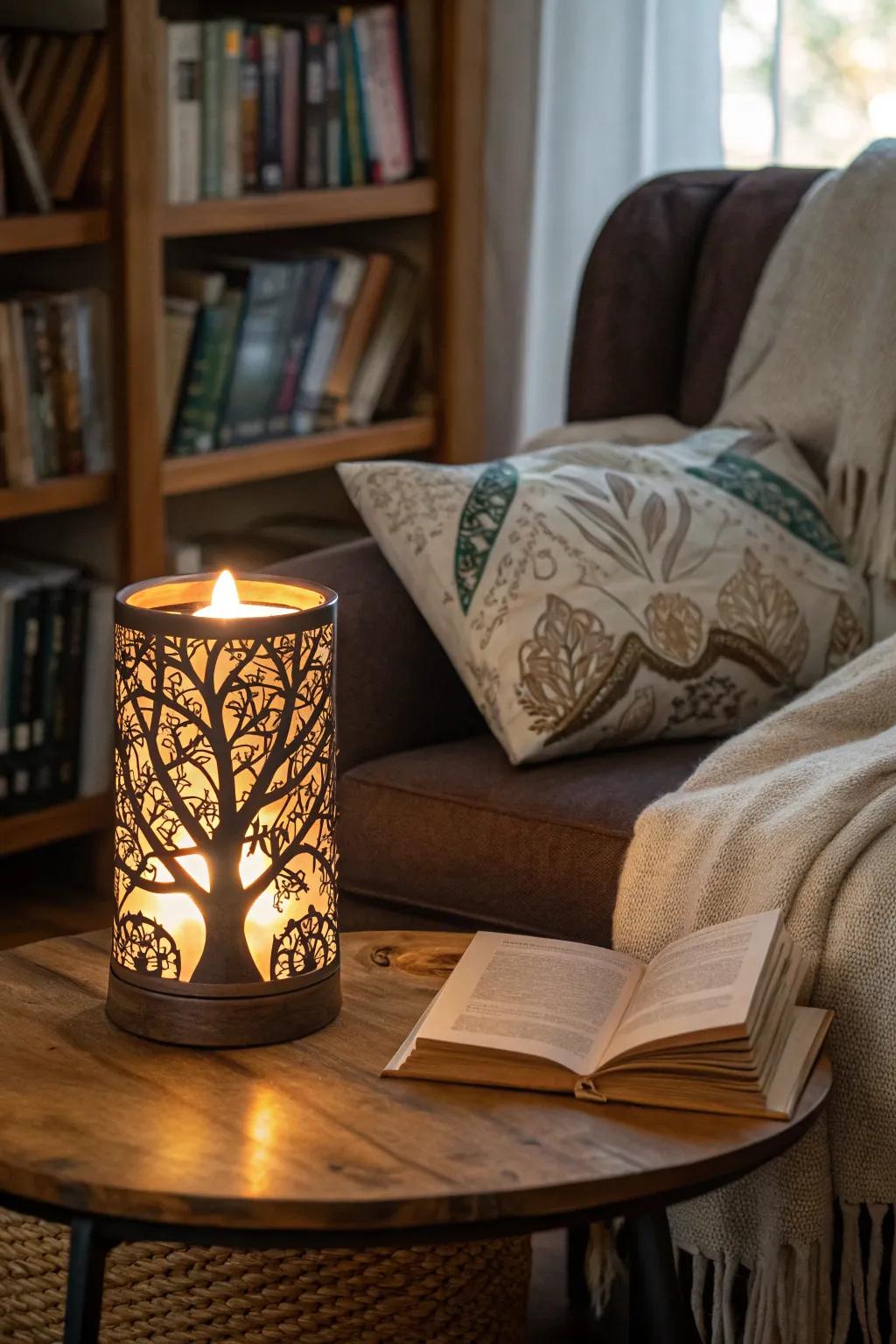 Arbor Vitae candle stand casts a warm light in a reading nook.