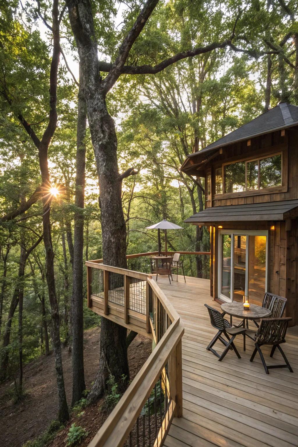 A treehouse patio connecting with nature, offering stunning views of the encompassing forest.