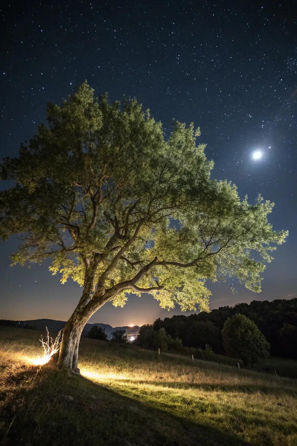 Moonbeam illusion using downlighting for a tranquil garden view.