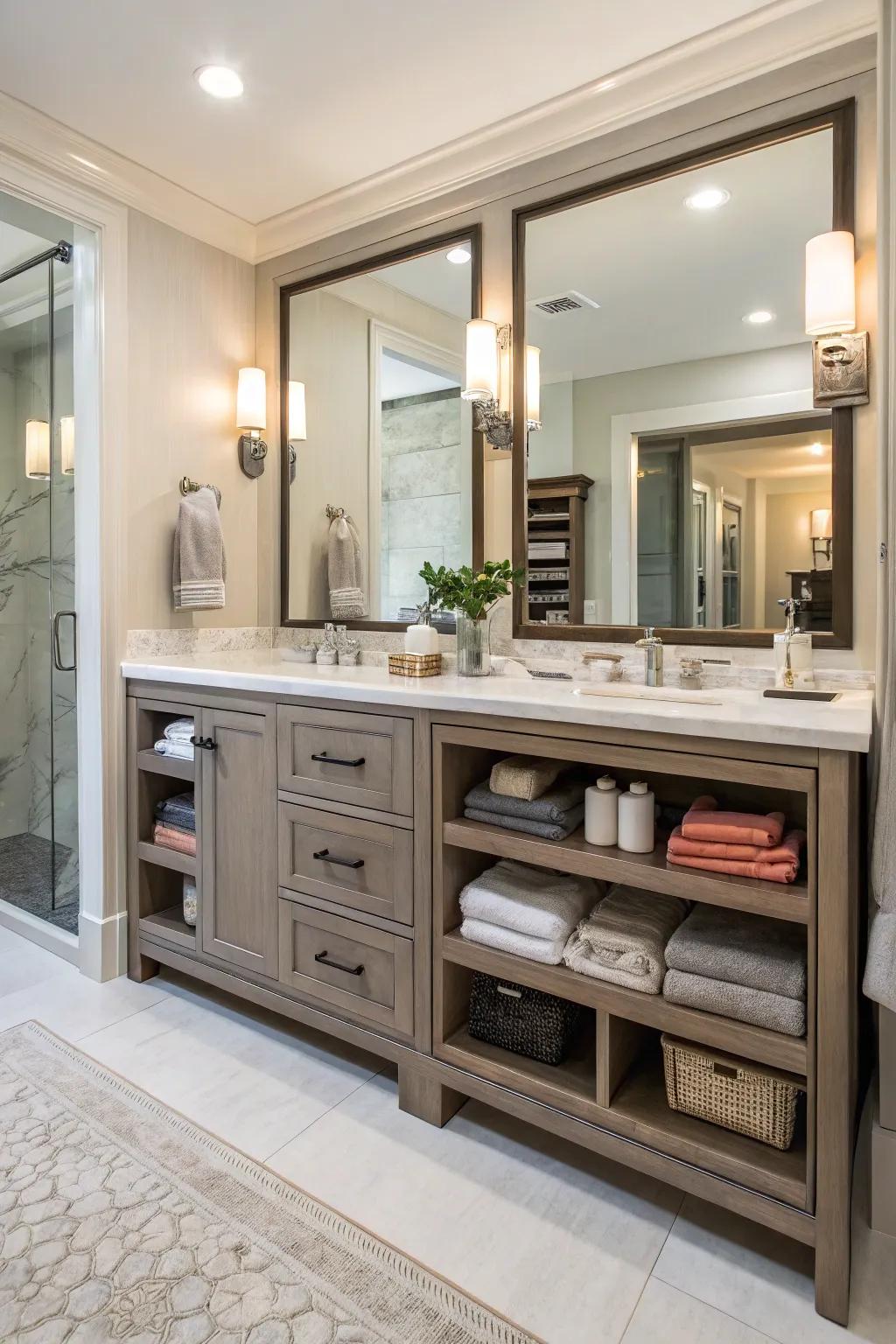 A bathroom vanity delivering sufficient storage to maintain the area structured and clutter-free.