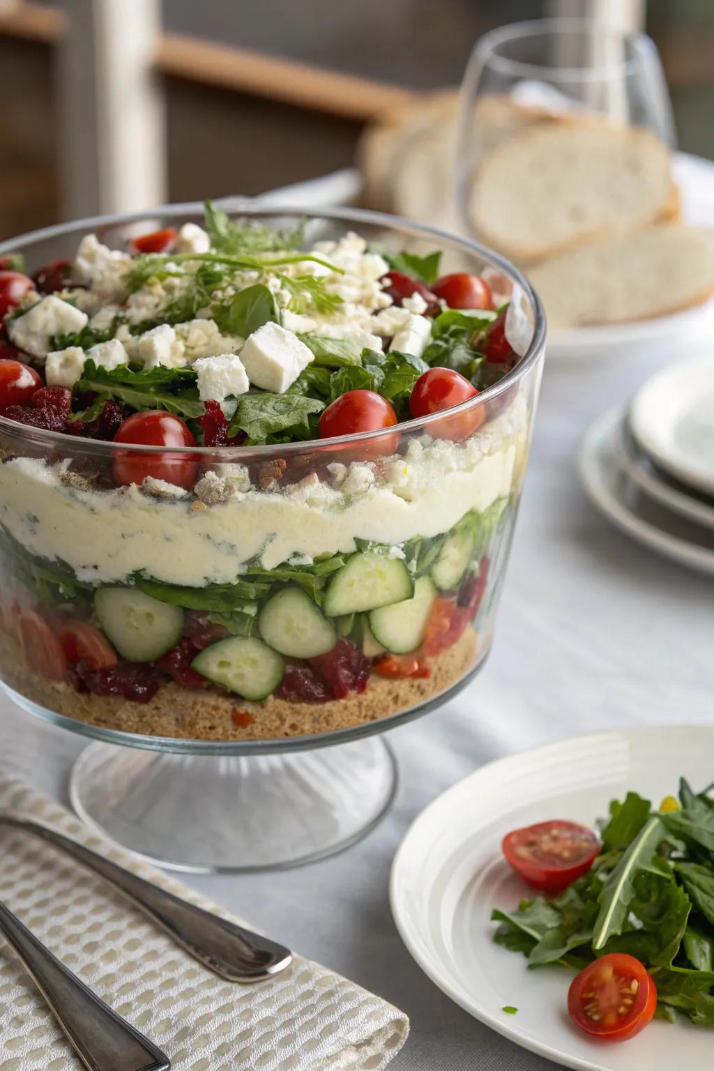 A trifle bowl beautifully showcasing a layered salad.