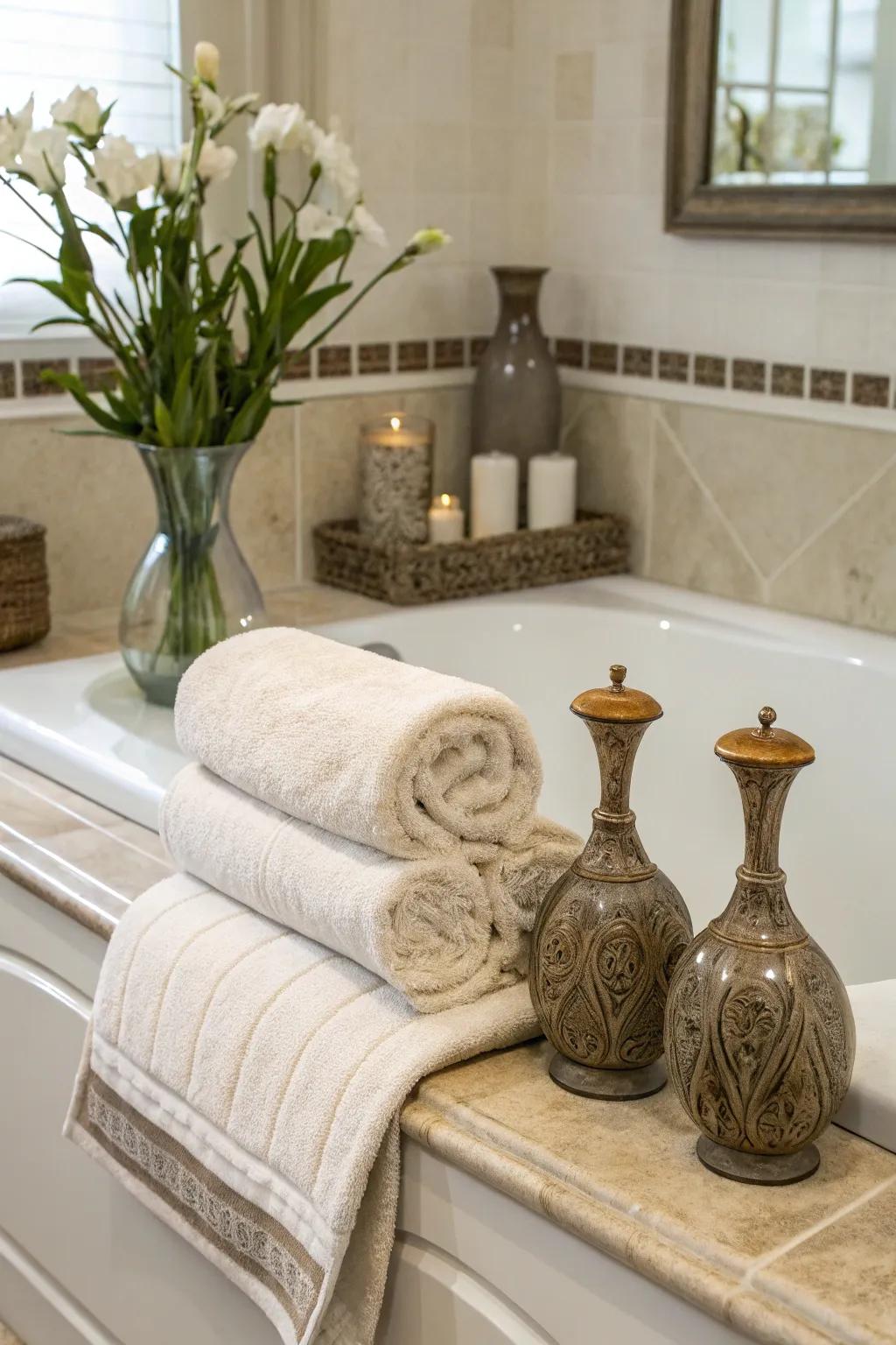 A comfortable bath surround featuring plush wraps and refined ornamental vases.