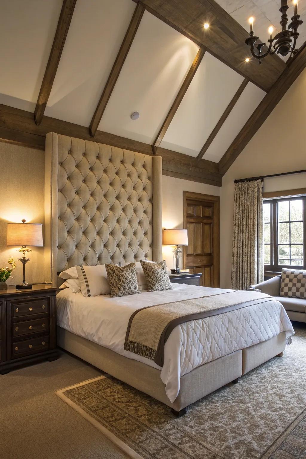 A majestic bedroom with a tall tufted headboard.