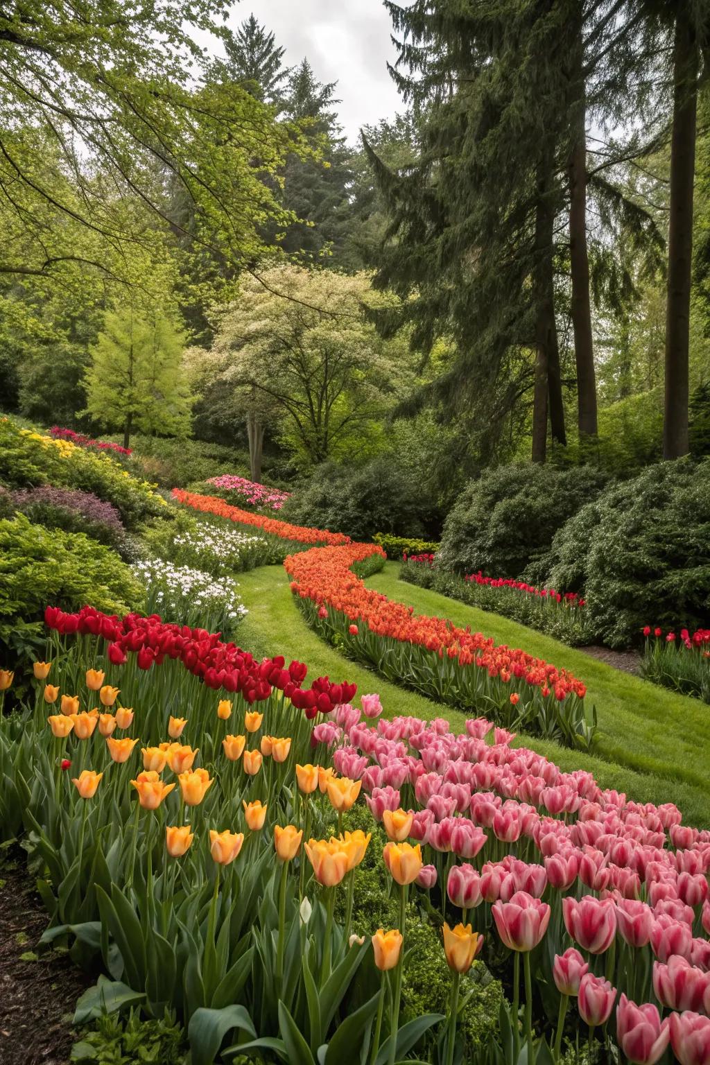Blossoms providing a colorful foreground against a backdrop of trees and shrubs.
