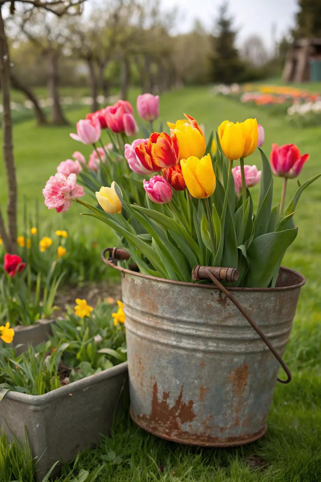 Tulips thriving in a vintage metal bucket, adding rustic charm to the garden.