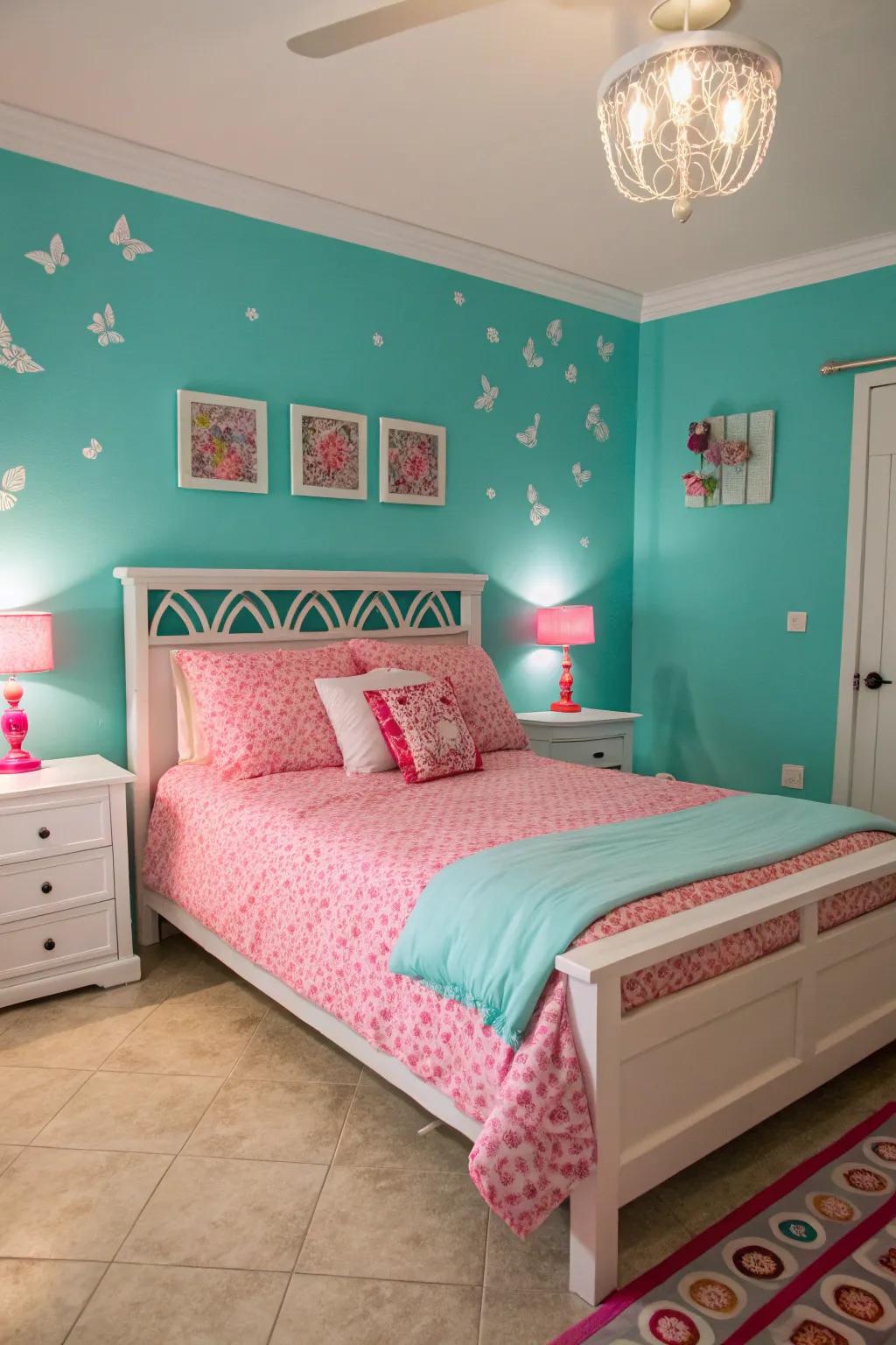 A fun blend of turquoise and pink brings energy to this bedroom.