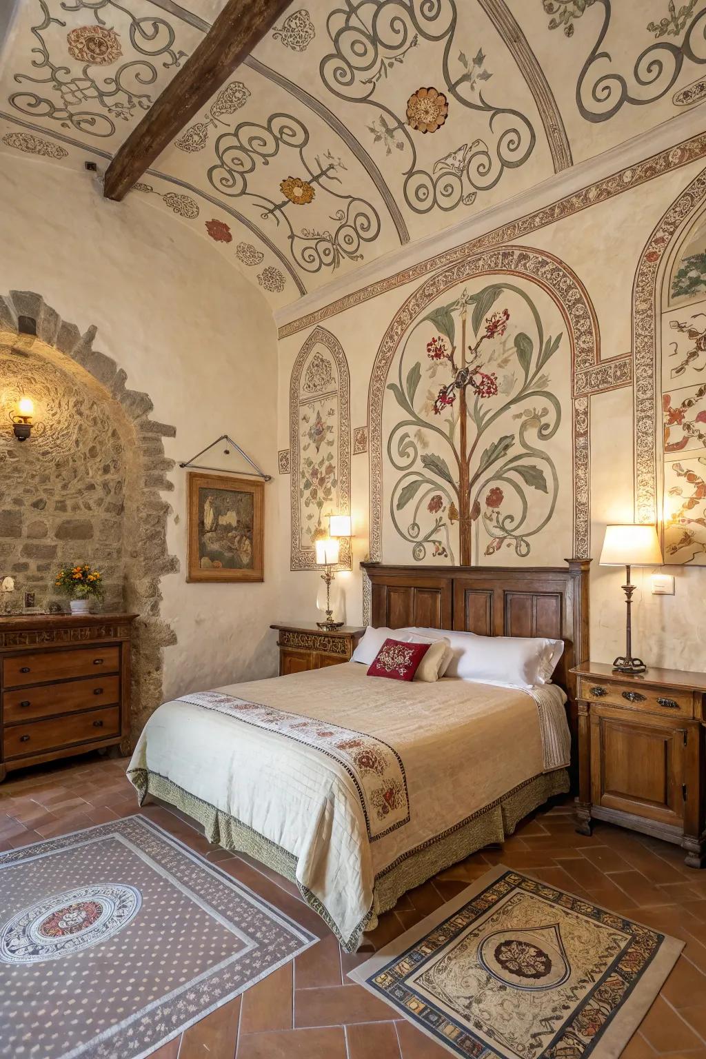 Ornamental art brings color and personality to your Tuscan-themed bedroom.