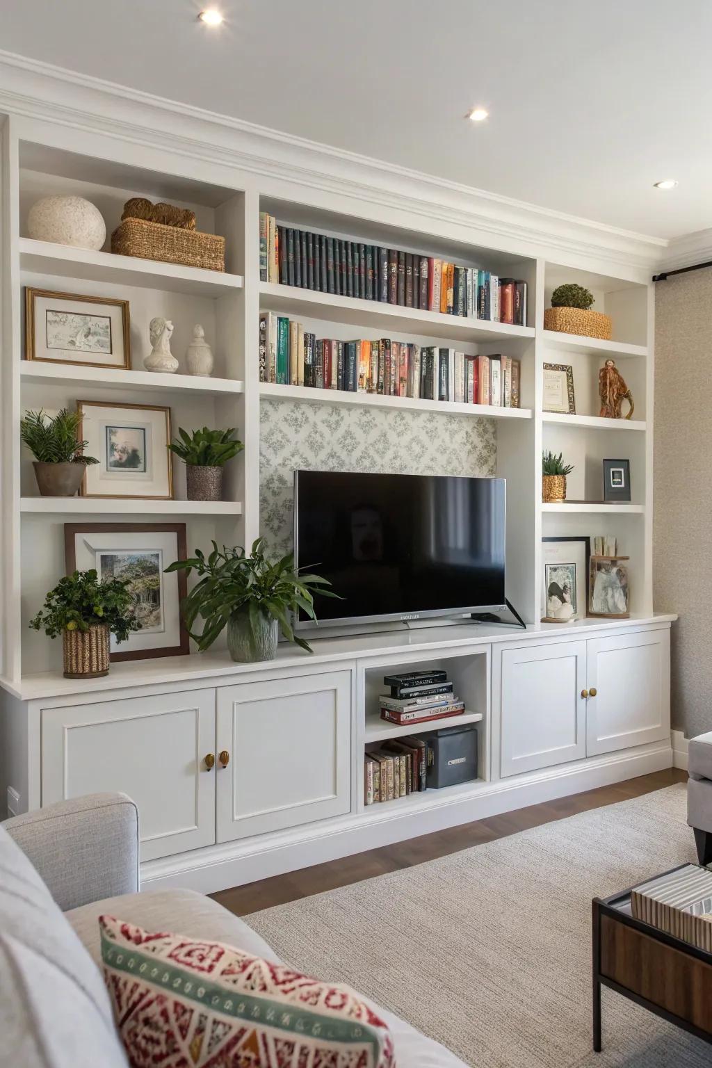 Shelving brings practicality to this featured TV gallery wall.
