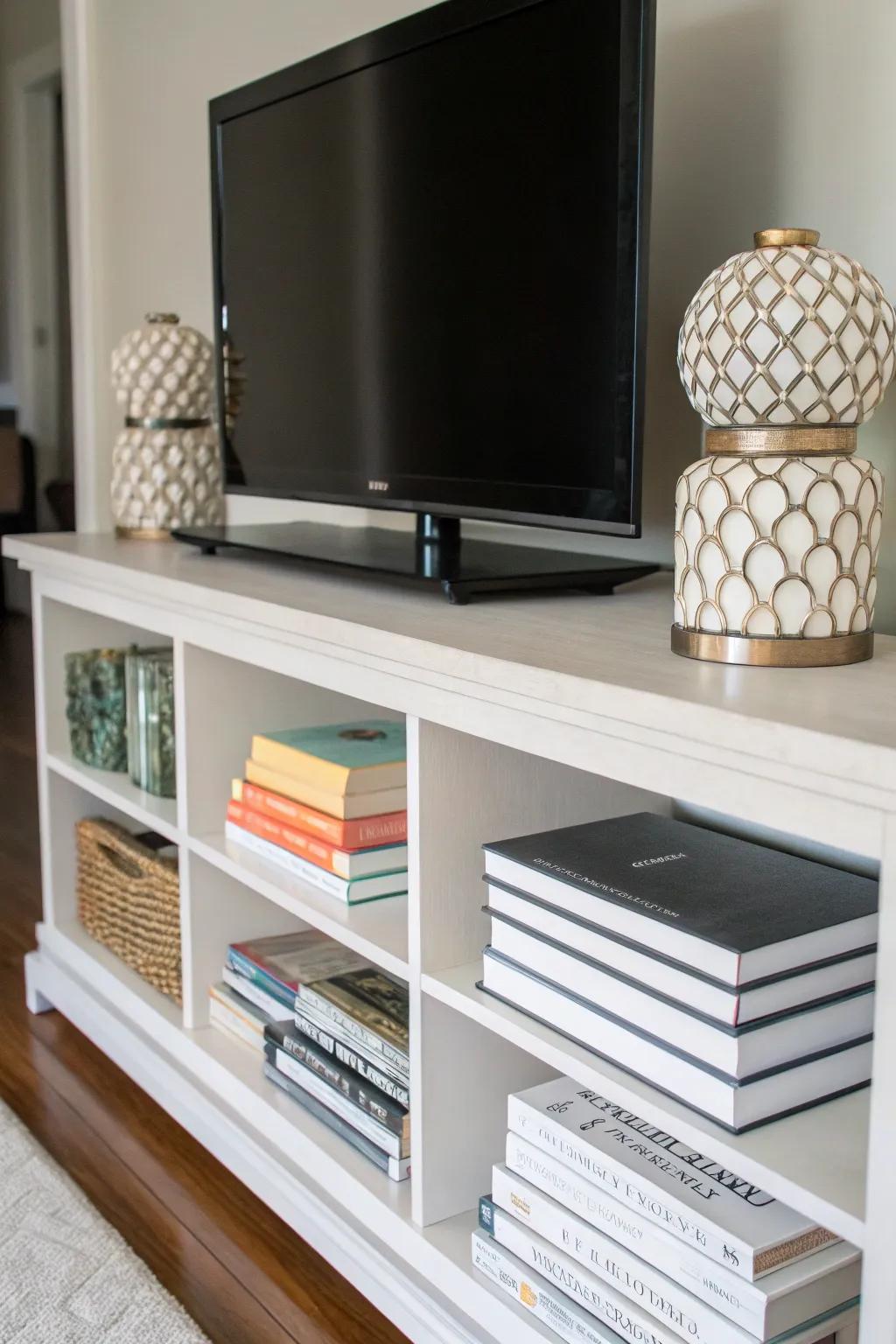 Books create a cozy, intellectual vibe for your TV stand.