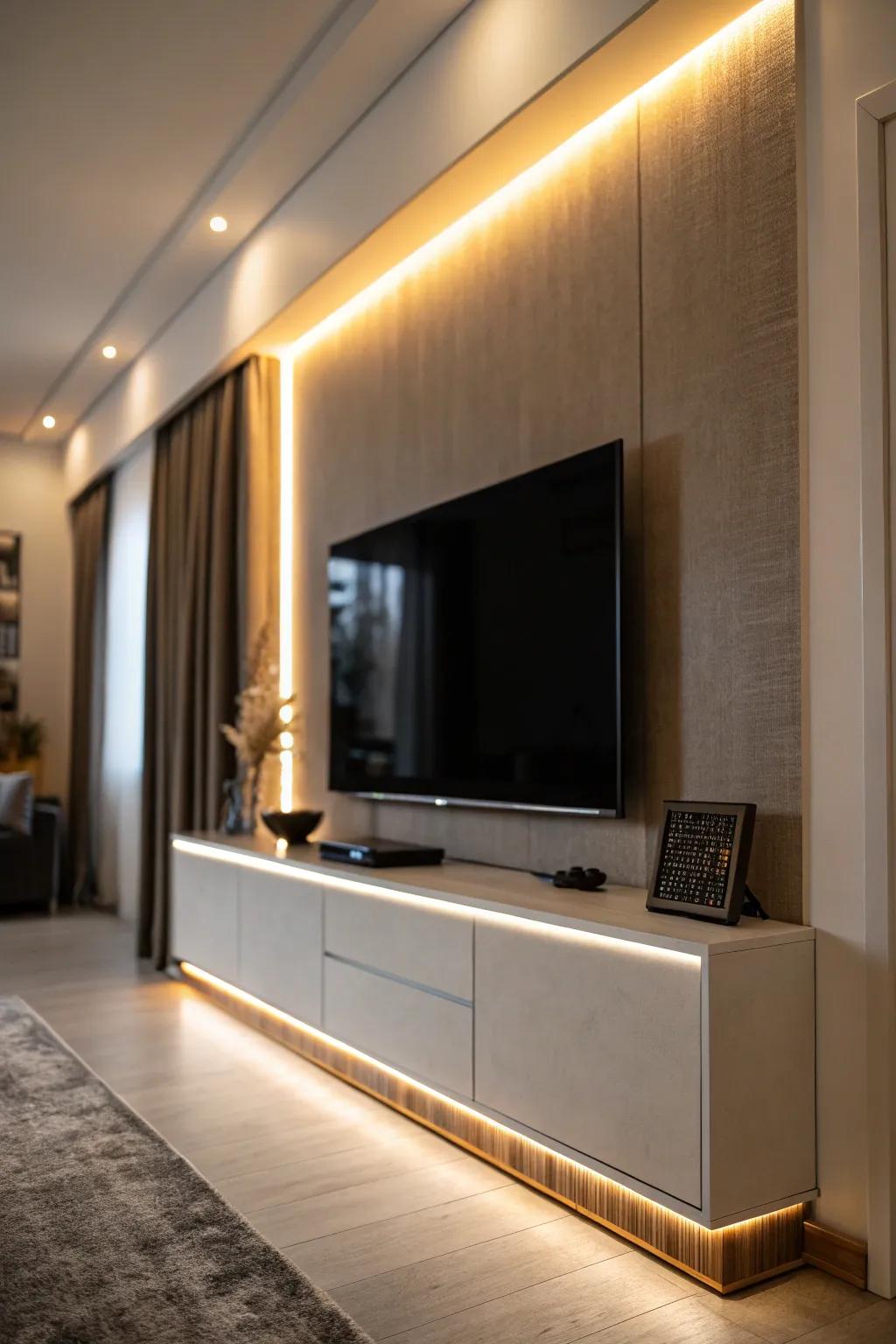 Contemporary lighting enhances the ambiance of this TV wall.