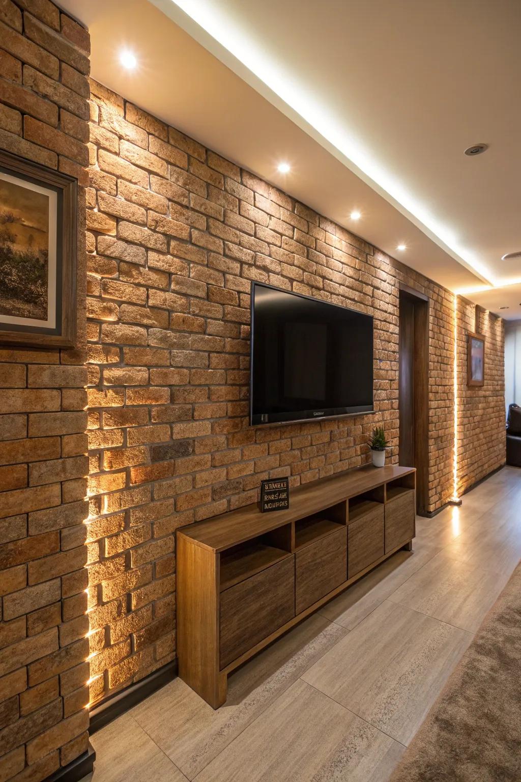 Dimensional surfaces enrich this stylish TV wall.