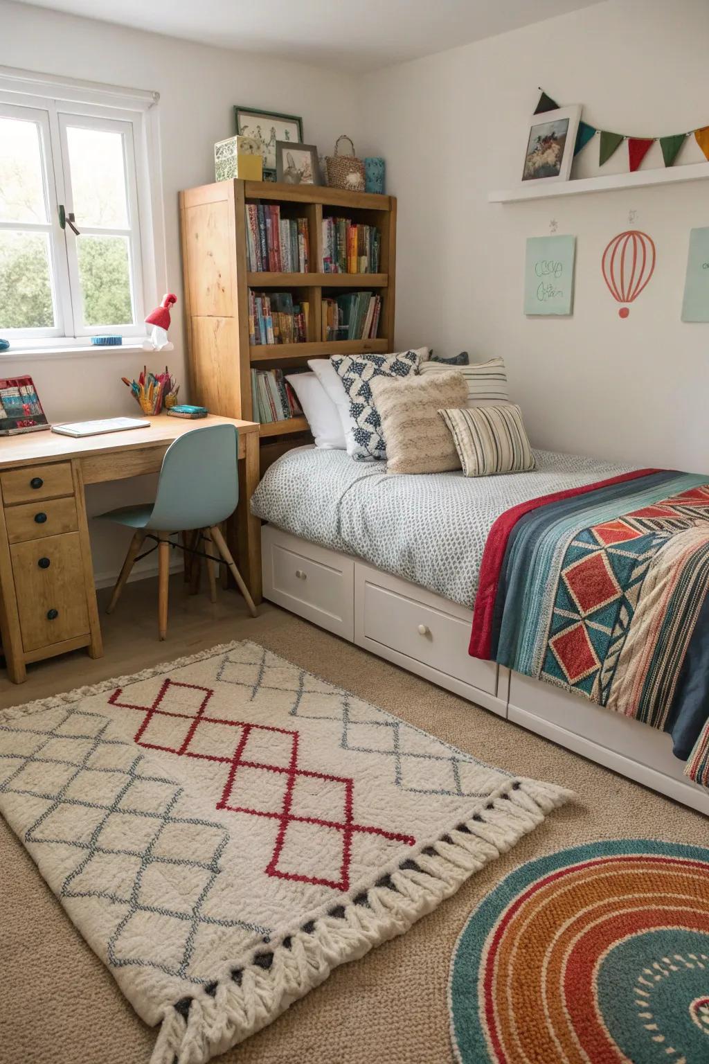 A cozy bedroom with layered rugs and cushions.