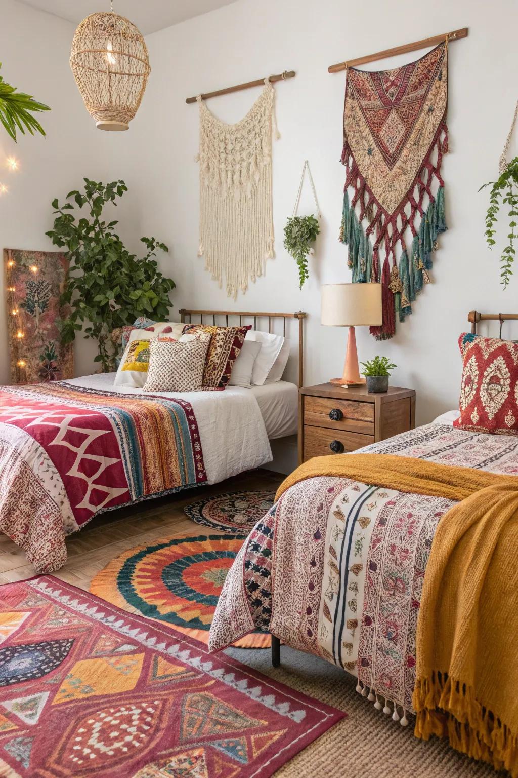 A themed twin bedroom with bohemian influences.
