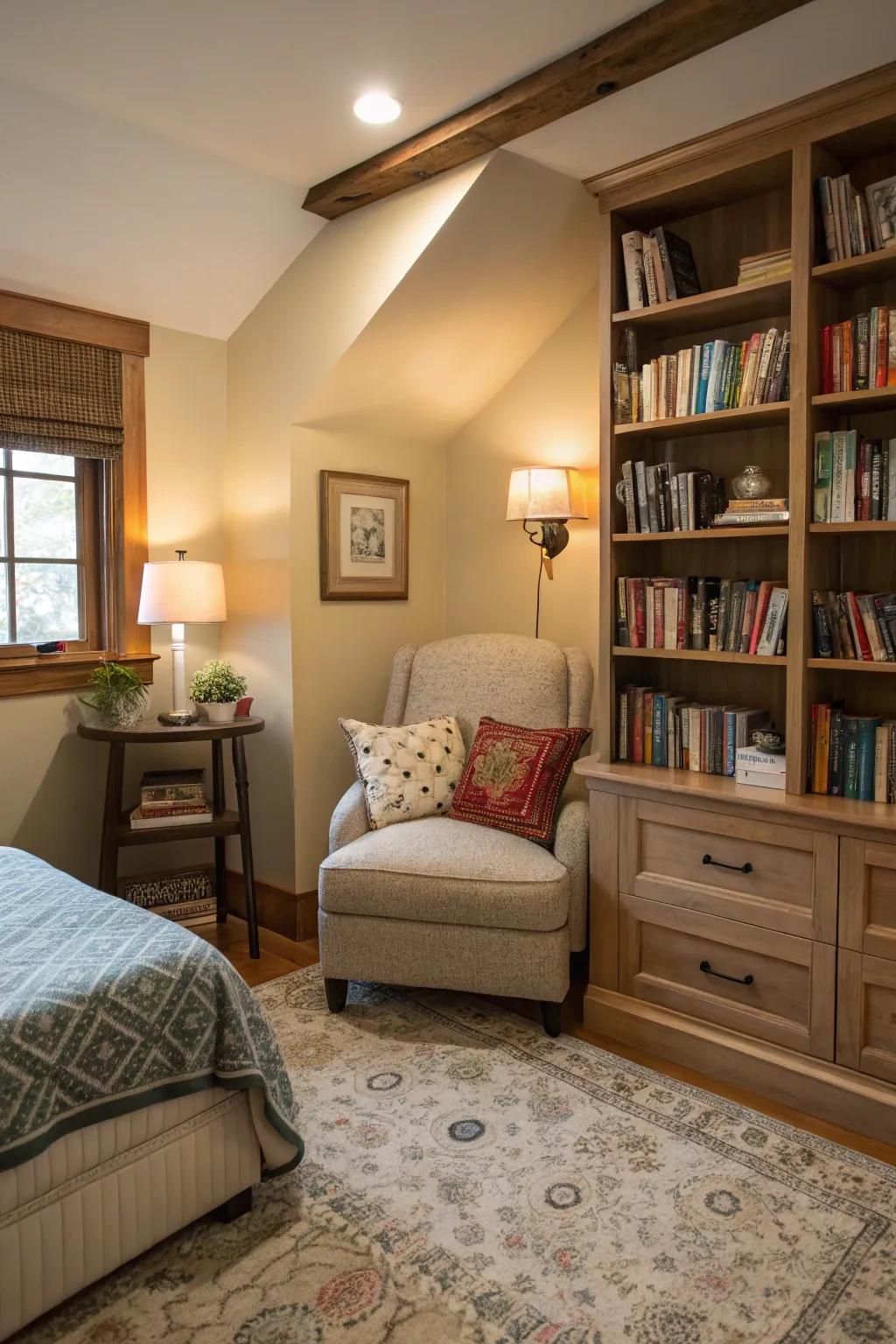A reading nook offers a peaceful retreat within the space.