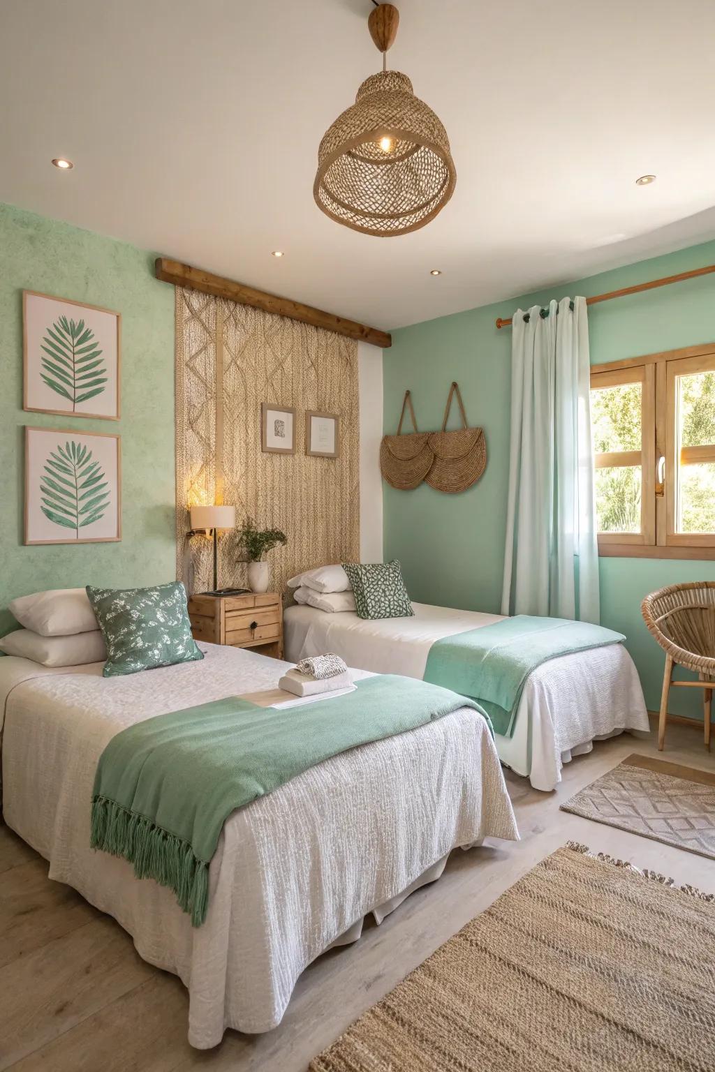 A serene bedroom featuring mint green and beige walls, inviting relaxation.