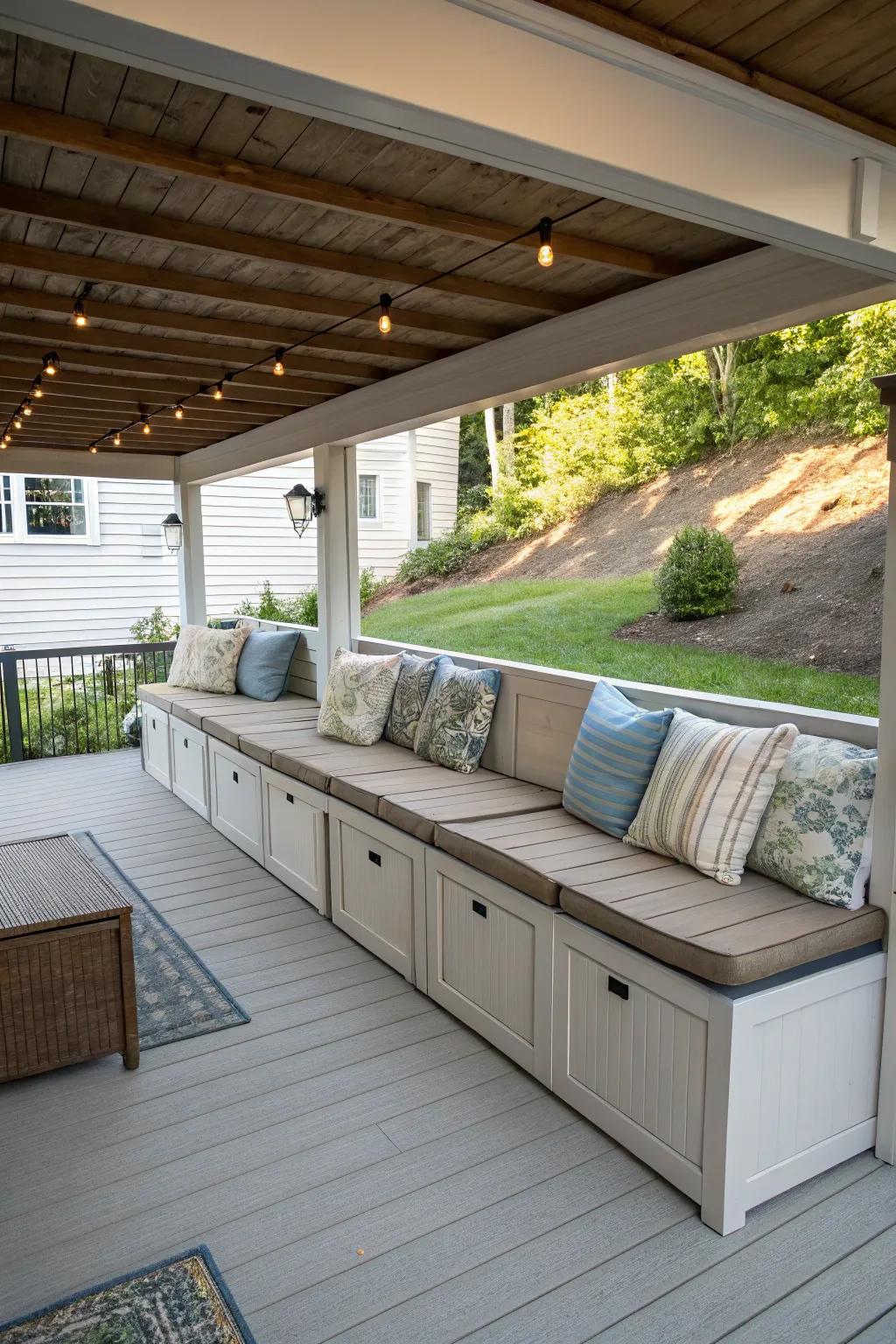 Weather-shielded benches function as both seating and storage for a practical outdoor solution.