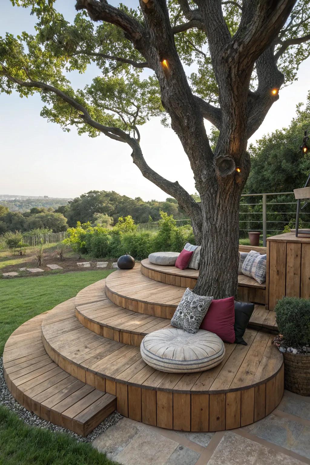Layered platforms deliver a distinctive seating adventure beneath the tree.