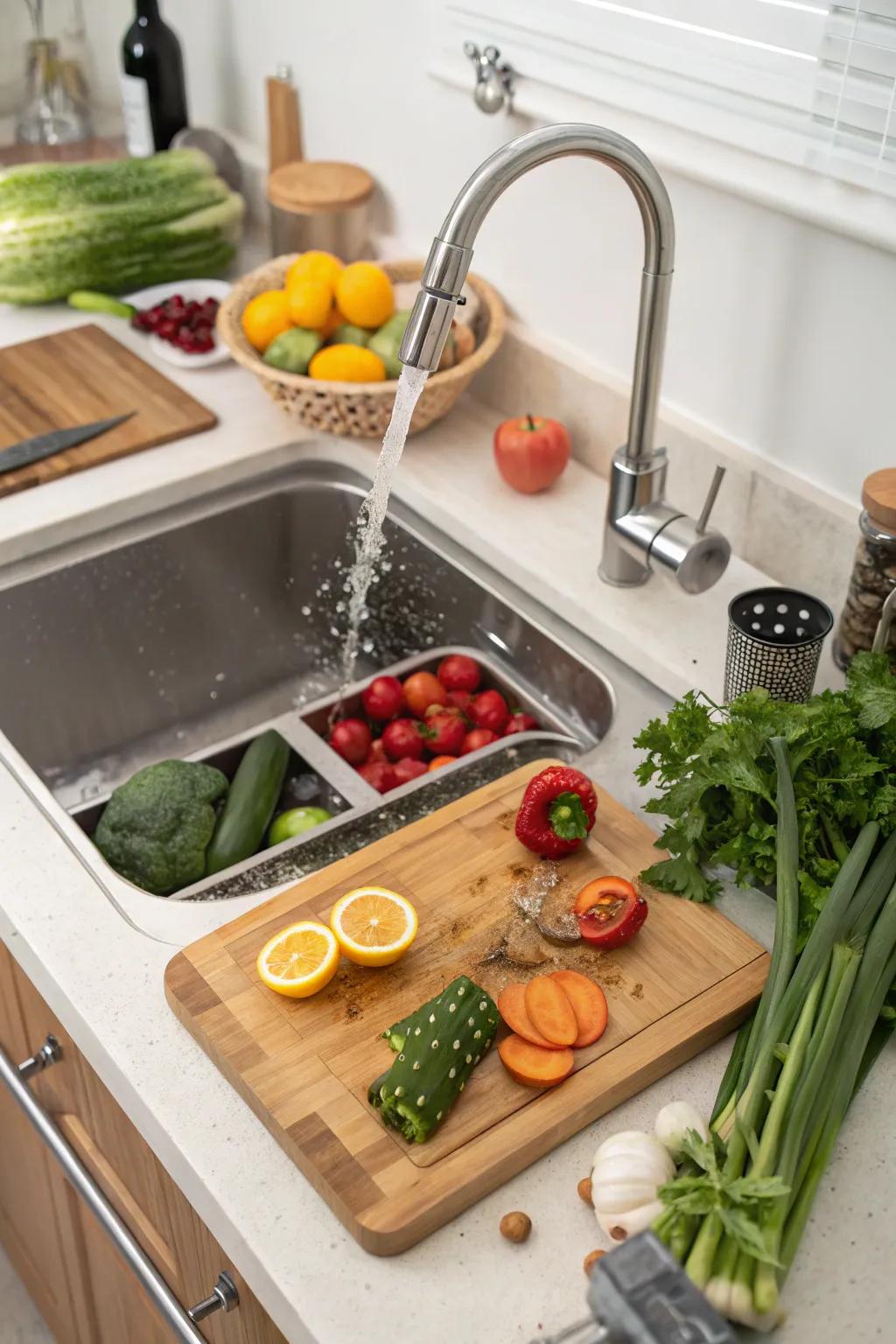 An undermount sink with an integrated board, enhancing kitchen functionality.