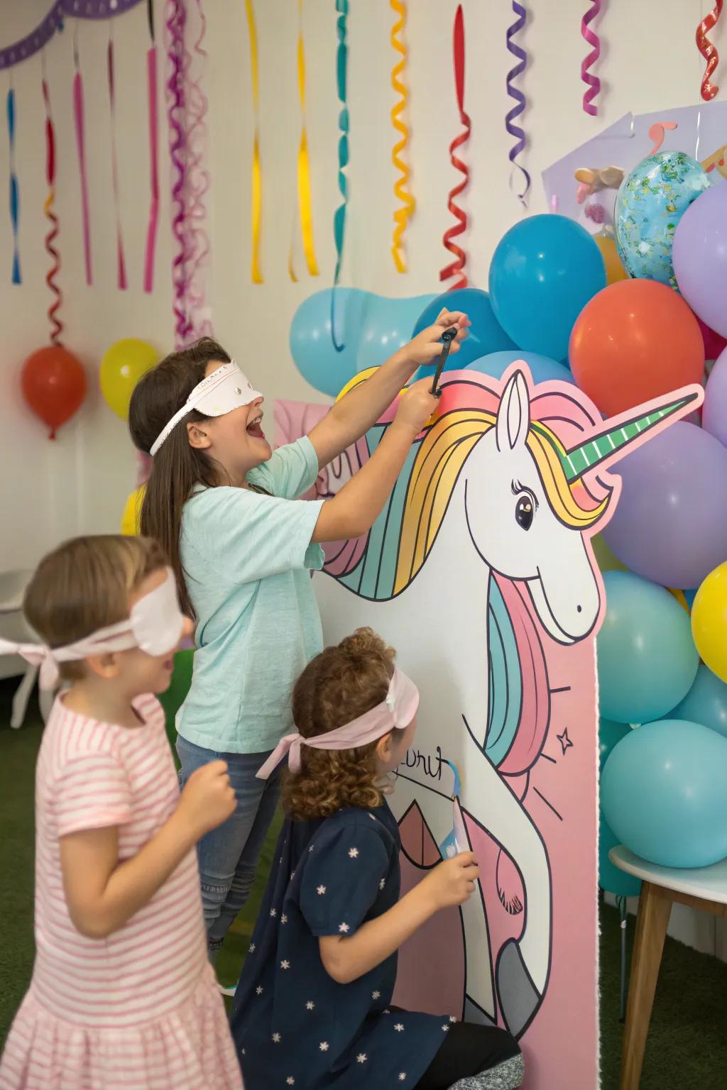 Children enjoying a classic 'Attach the Horn to the Unicorn' game.