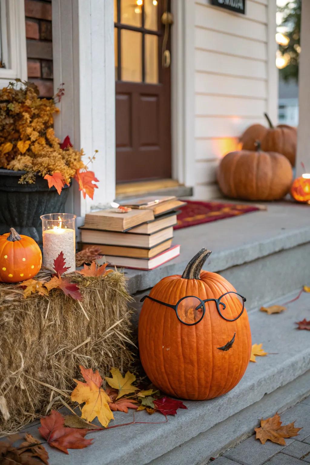 A pumpkin displaying spectacles for a scholarly appearance.