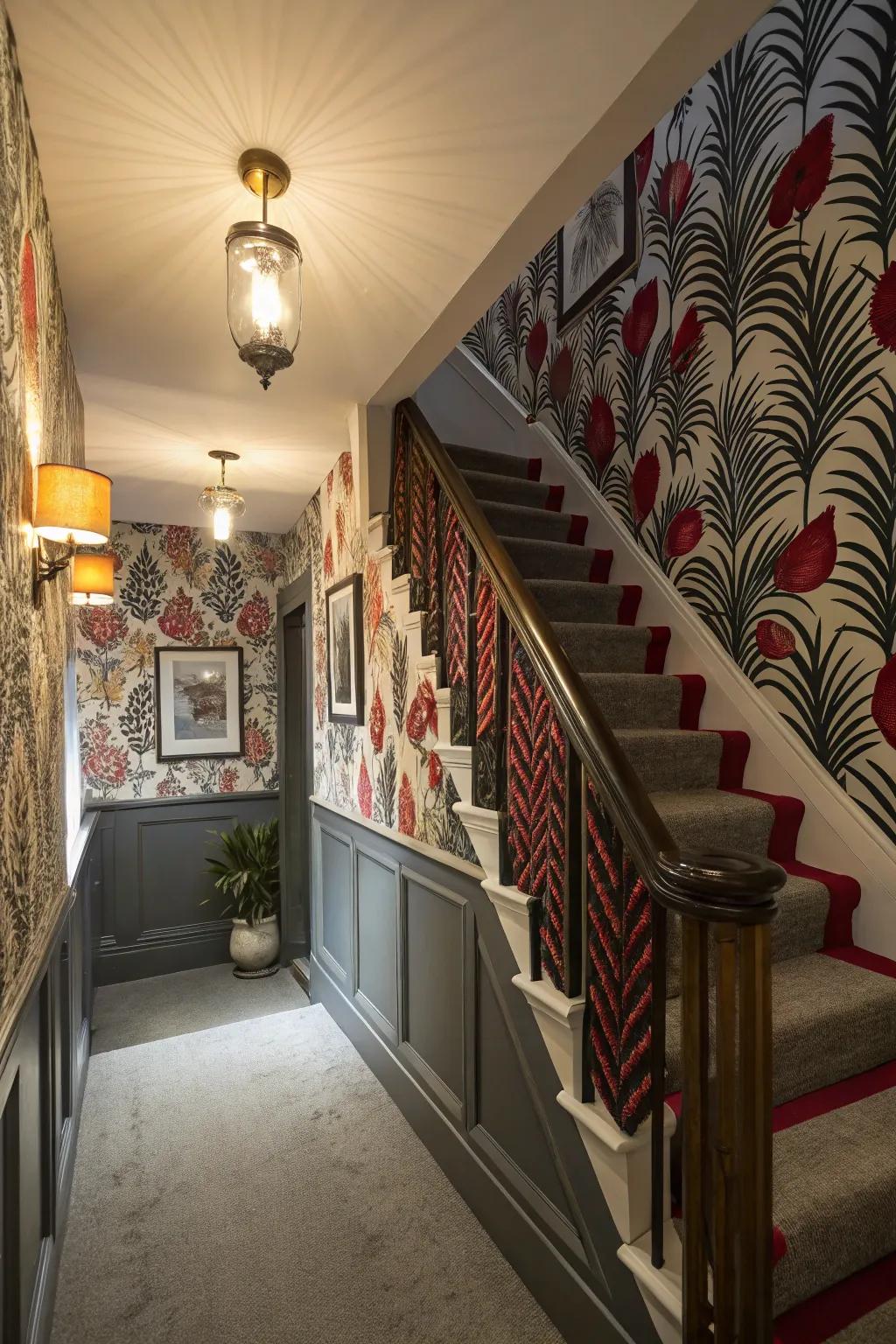 Bold wallpaper adds character to the upstairs landing.