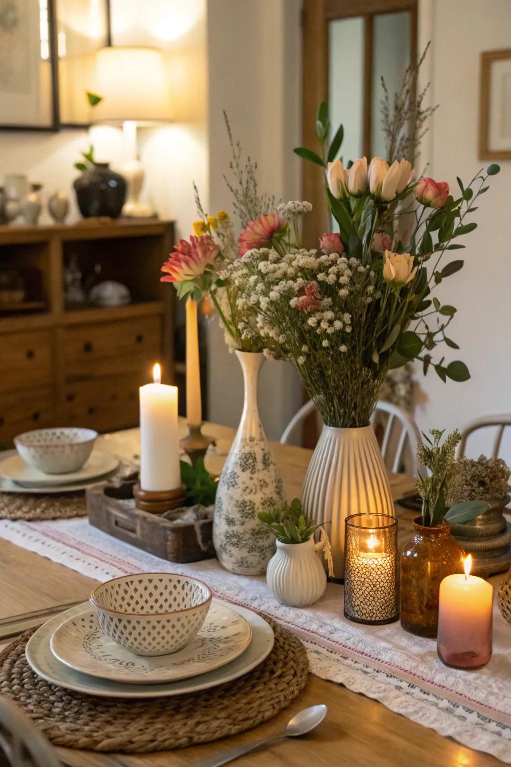 Antique vases craft an eclectic centerpiece charm.