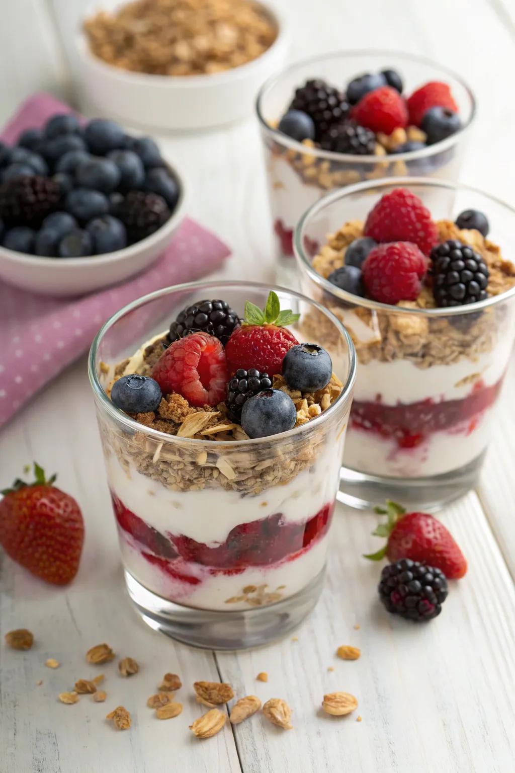 Vibrant berry delicacies featuring yogurt and granola.
