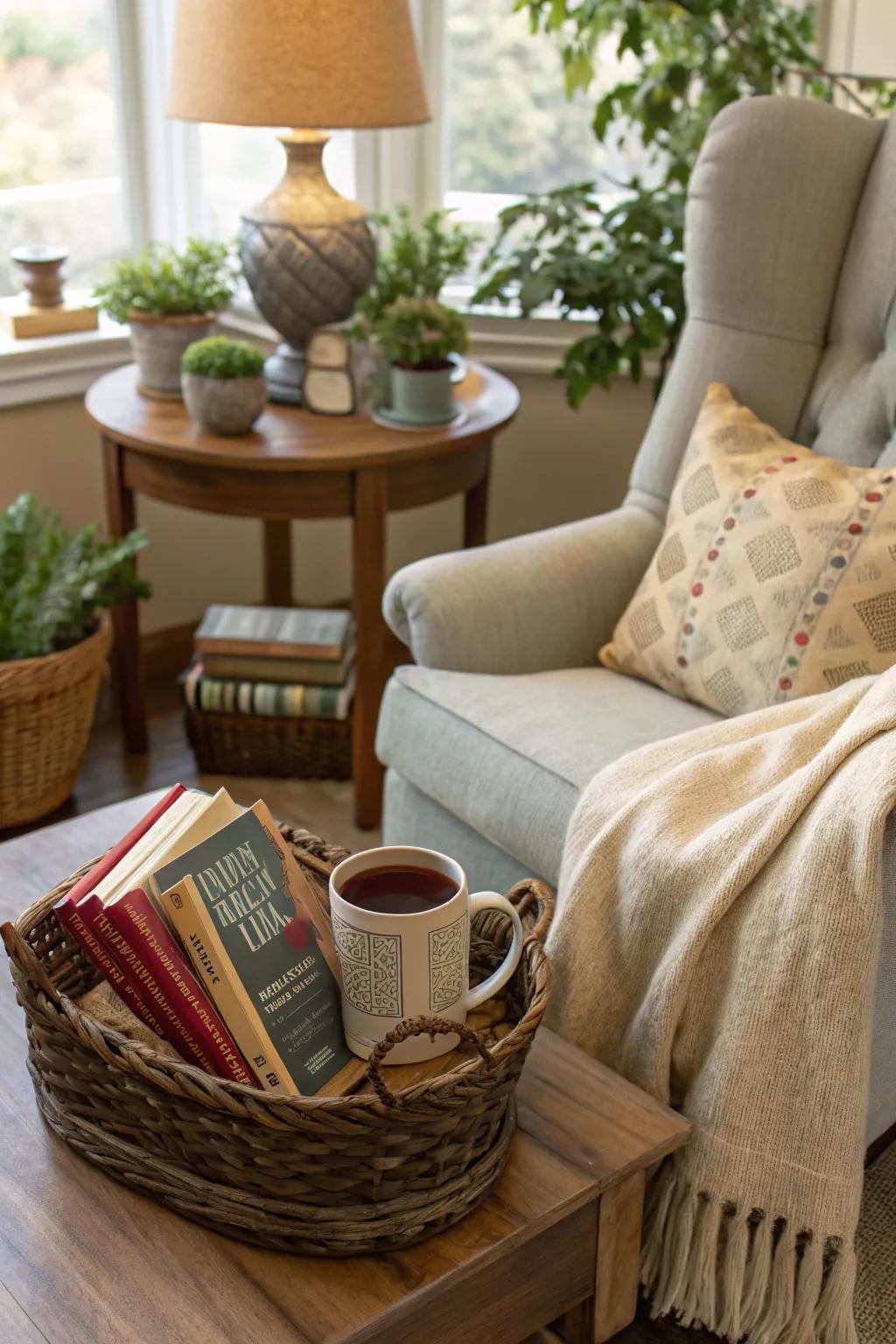 A reader's getaway basket for tranquil reading moments.