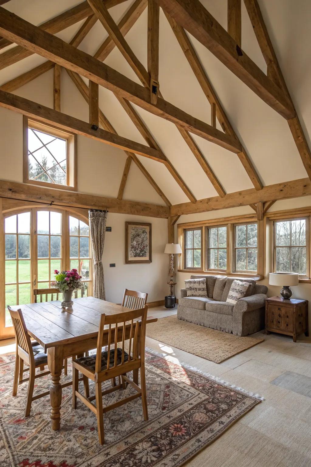 Rural charm achieved with exposed scaffolds on a vaulted ceiling.