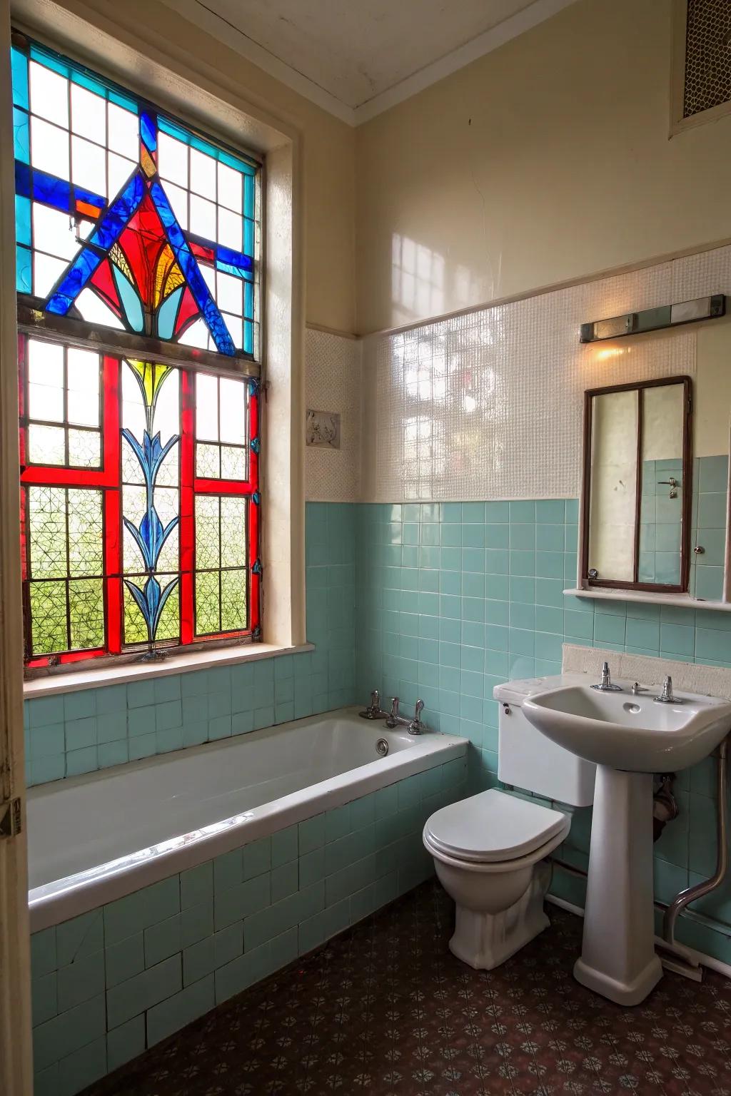 Painted glass panes establish a colorful, artistic setting.
