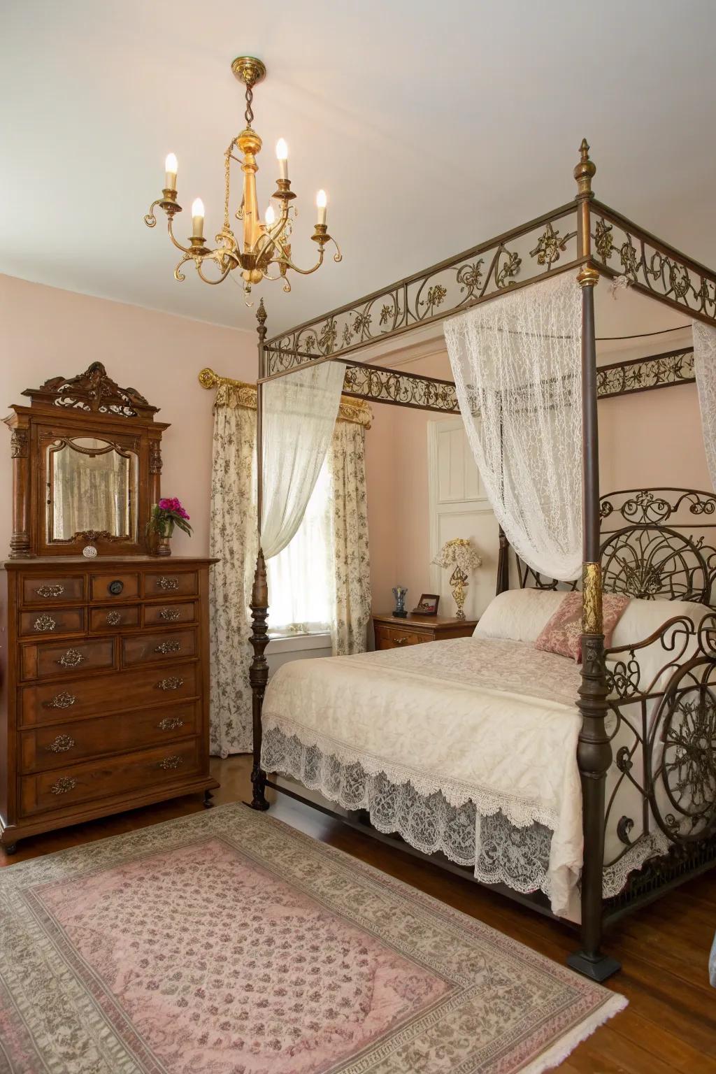Wrought iron and brass add historical flair to vintage decor.