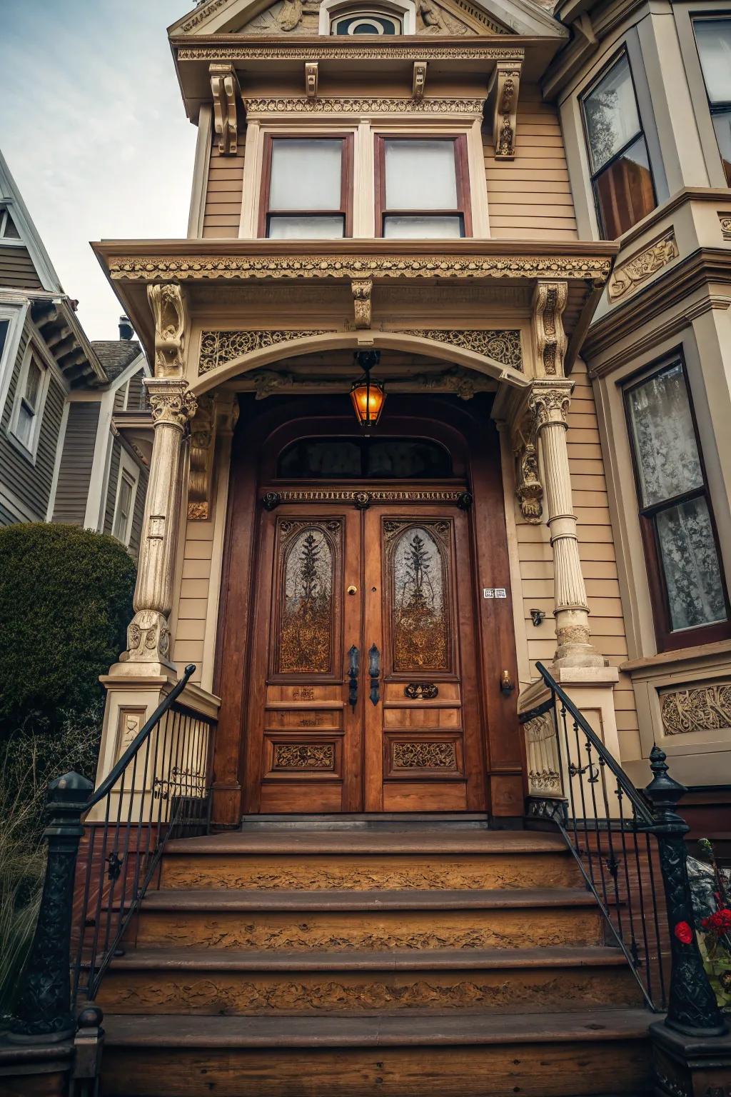 A classic wooden door introduces enduring elegance to this Victorian residence.