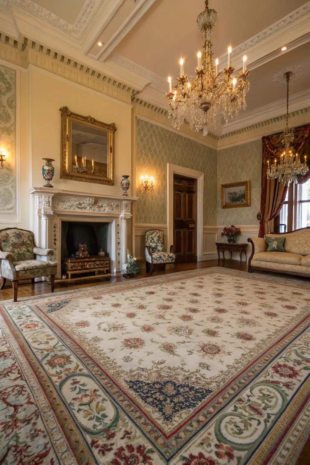 A patterned floor covering unifies the room with warmth and texture.