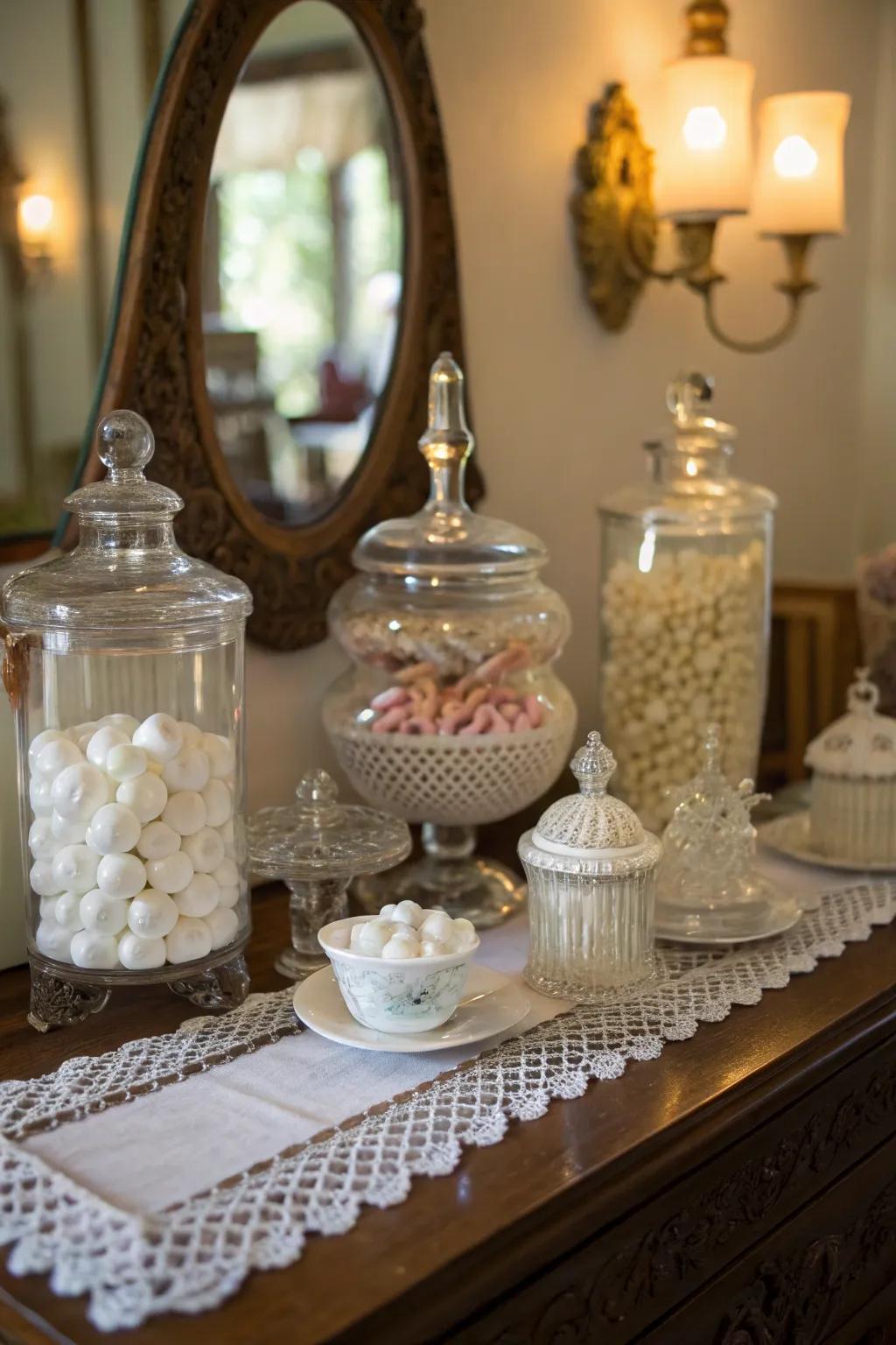 Glass and porcelain decor enhance the vintage charm of your vanity.