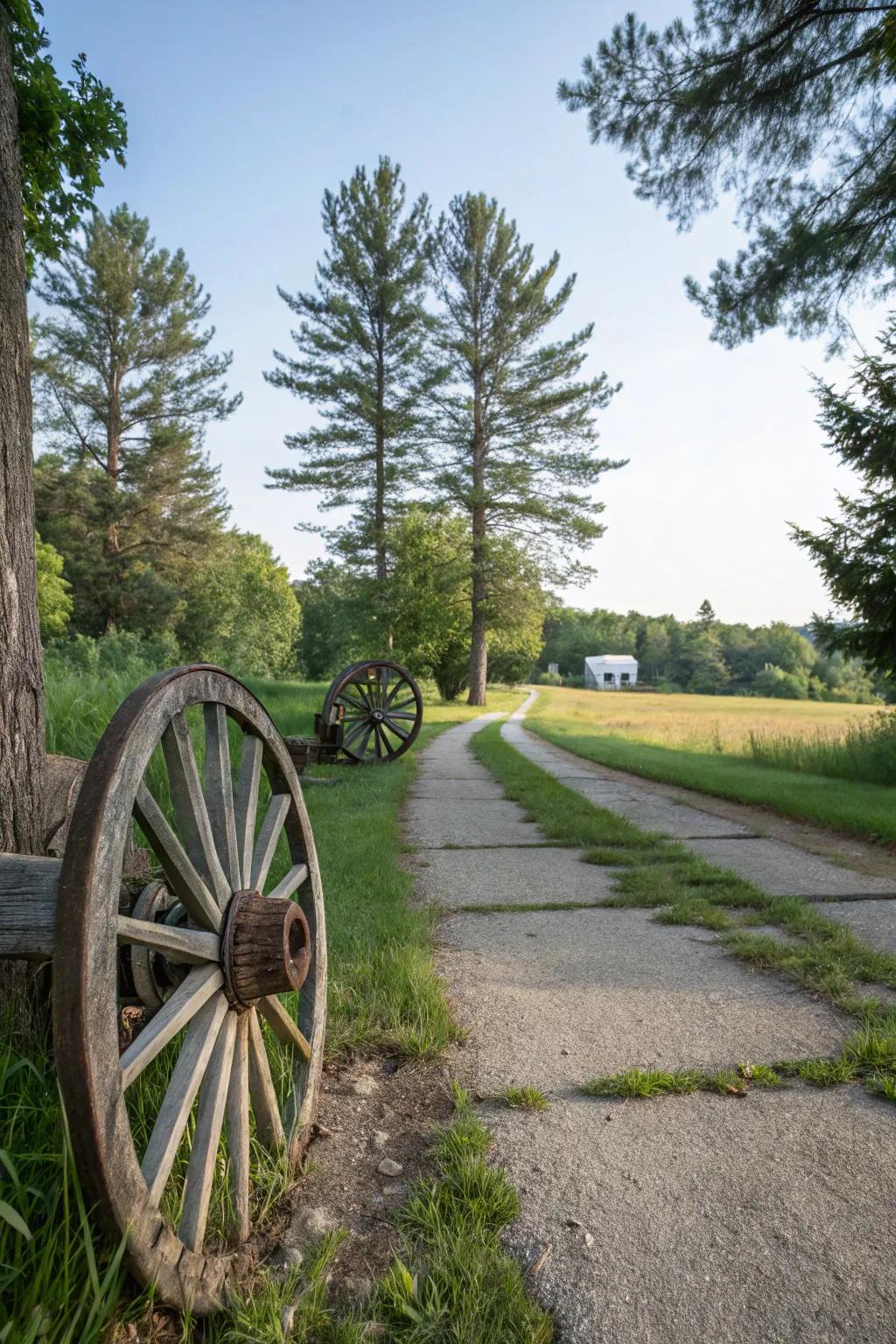Cart wheels elegantly marking a driveway, enhancing its countryside appeal.