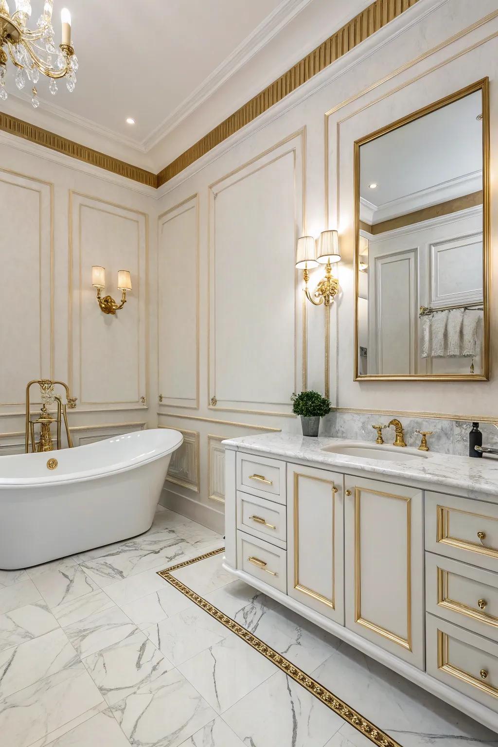Gold-edged wainscoting brings a luxurious shine to your bathroom.