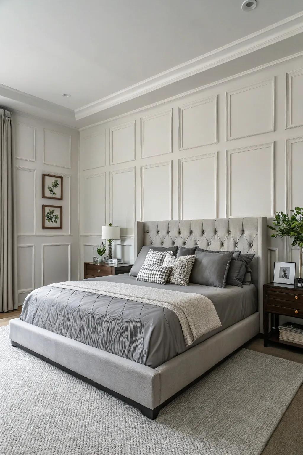 Simple wainscoting is ideally suited to a streamlined, modern bedroom.